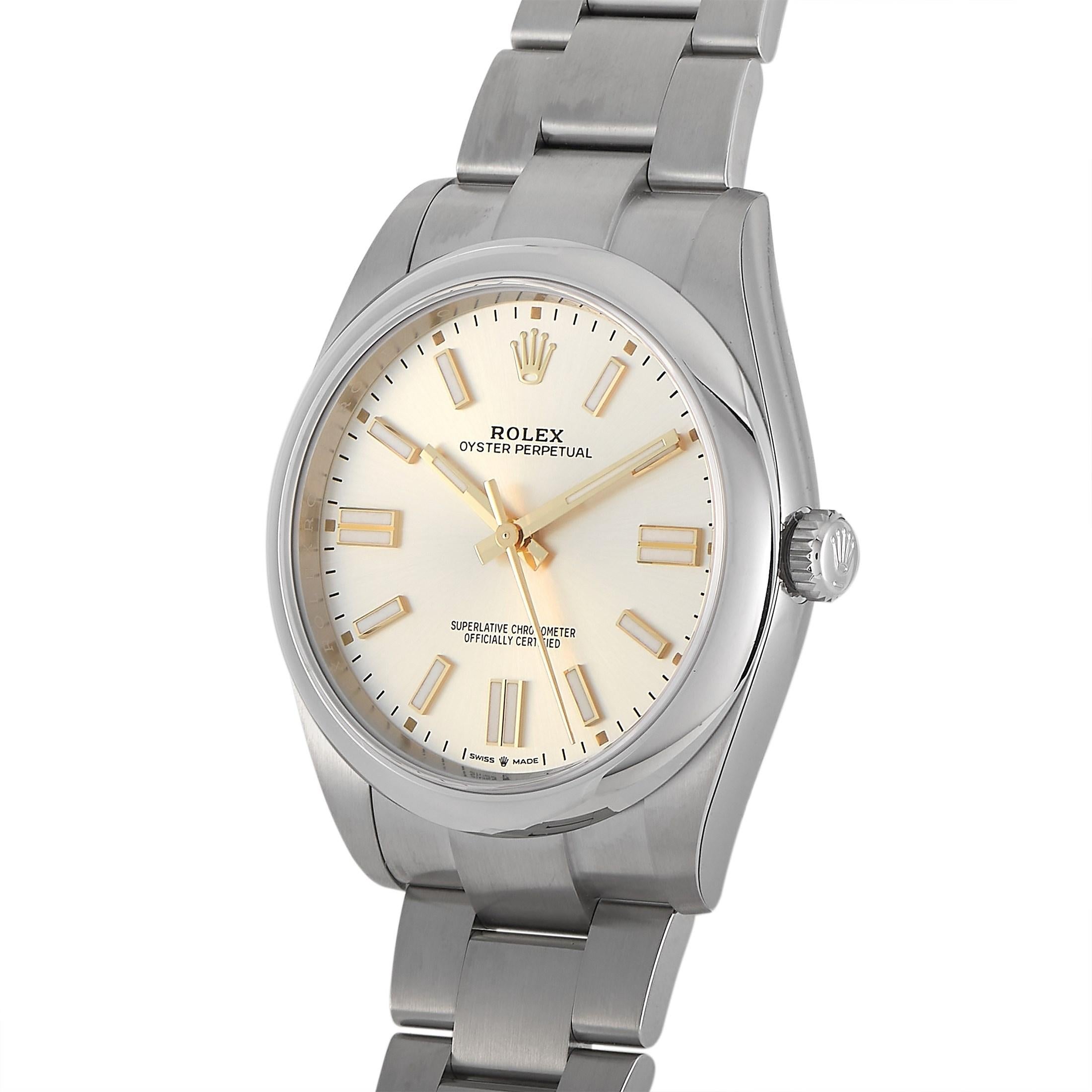 The Rolex Oyster Perpetual Watch, reference number 124300, is a shining example of the luxury brand’s commitment to excellence. 

This timeless design features a 41mm case and bracelet crafted from shimmering stainless steel. On the simple silver