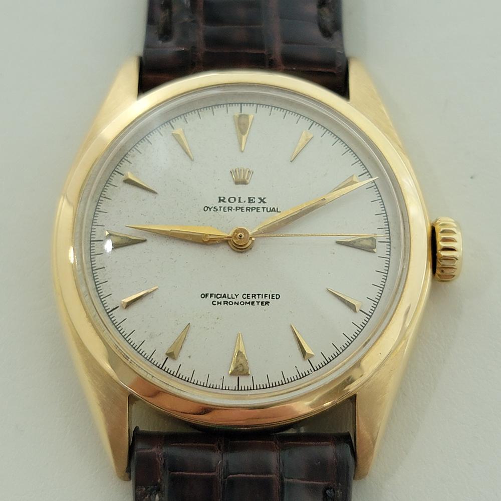 Zeitloser Luxus, Rolex Oyster Perpetual Ref.6084 aus massivem 18-karätigem Gold mit halbem Blasenboden, um 1950, in ausgezeichnetem Zustand. Von einem Uhrmachermeister für echt befunden. Wunderschönes, originales, weißes, signiertes
