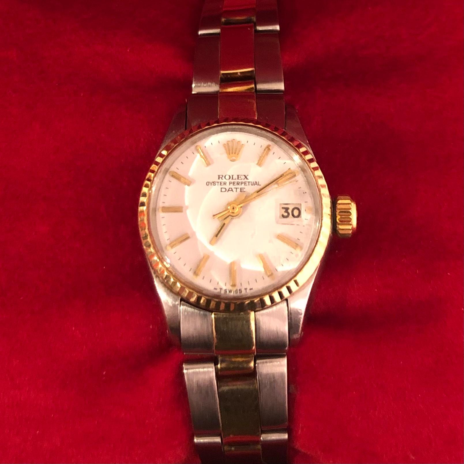 Rolex Oyster Perpetual 6517 Two Tone 14k Lady Date 26mm Gold For Sale 7