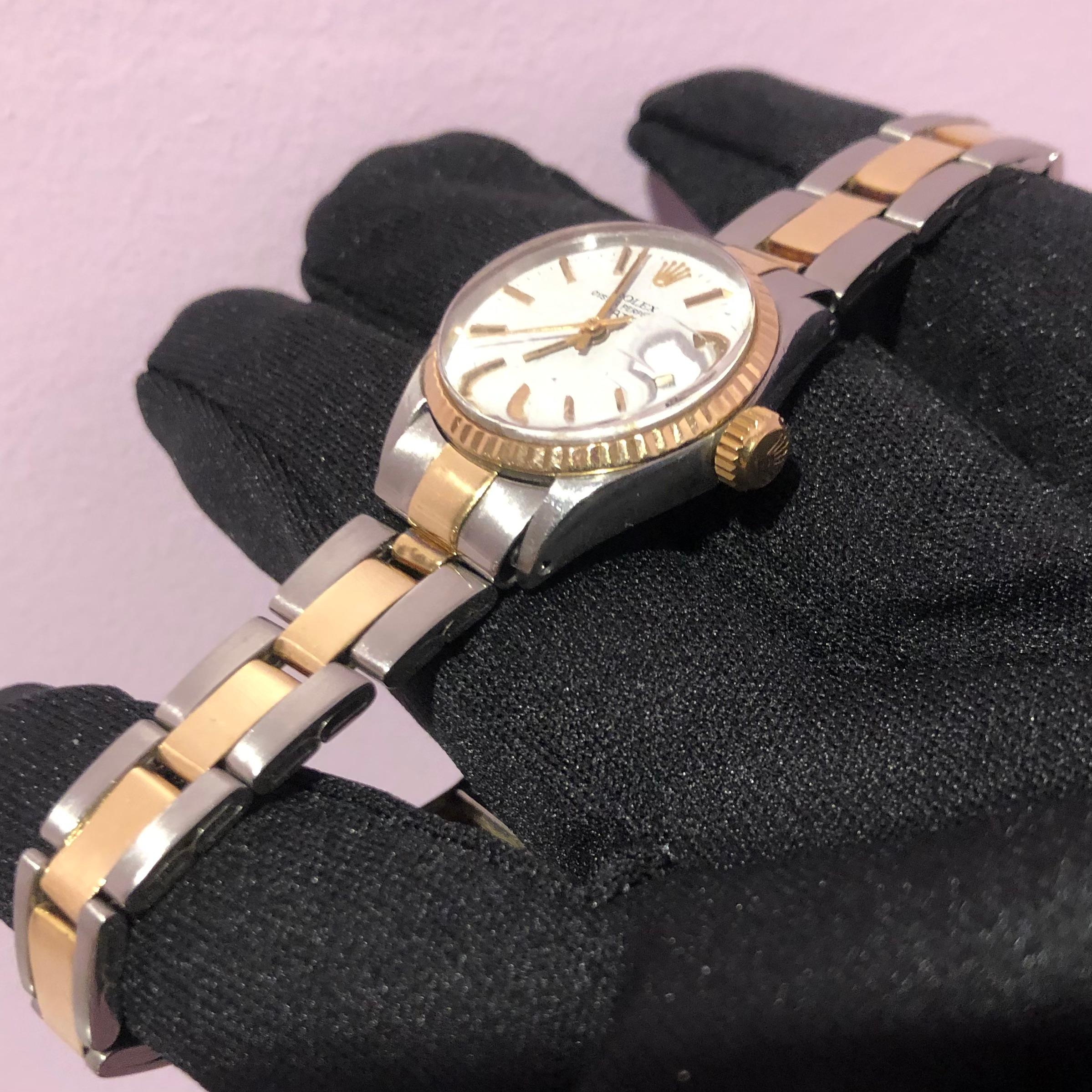 Women's Rolex Oyster Perpetual 6517 Two Tone 14k Lady Date 26mm Gold  For Sale