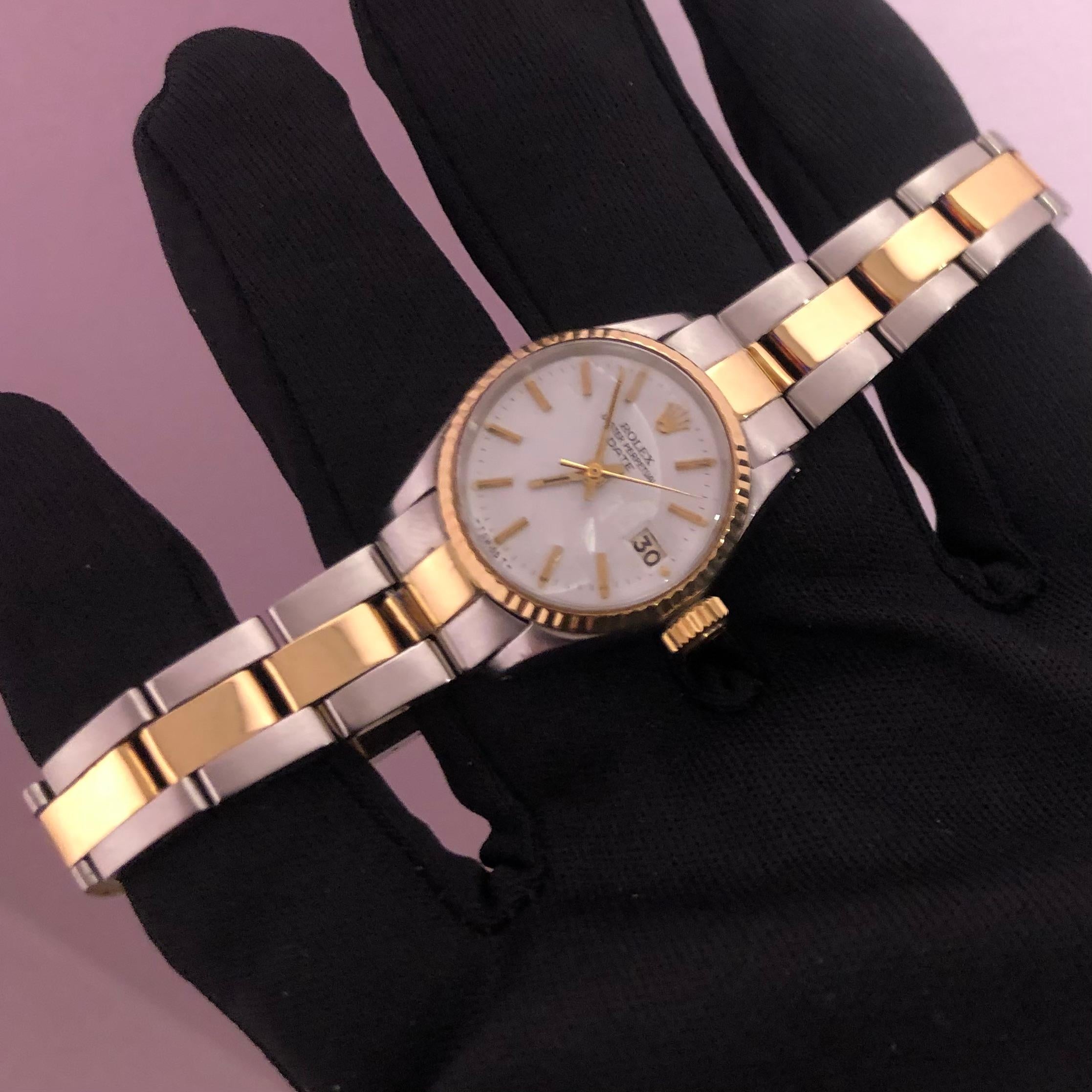 Rolex Oyster Perpetual 6517 Two Tone 14k Lady Date 26mm Gold For Sale 2