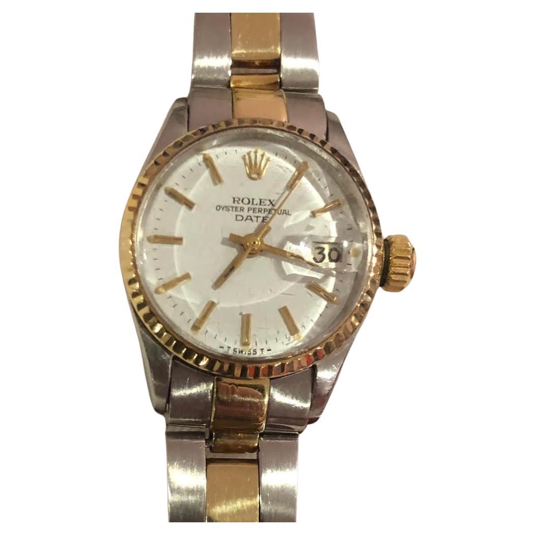 Rolex Oyster Perpetual 6517 Two Tone 14k Lady Date 26mm Gold  For Sale
