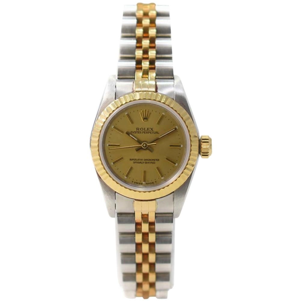 Rolex Oyster Perpetual 67193 with Band and Yellow Dial Certified Pre-Owned For Sale
