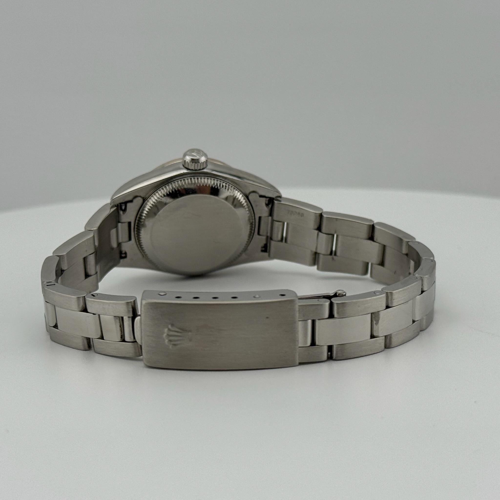 Rolex Oyster Perpetual 76080 24mm Blau Zifferblatt Diamant Lünette Stahl Box Papiere Damen im Angebot