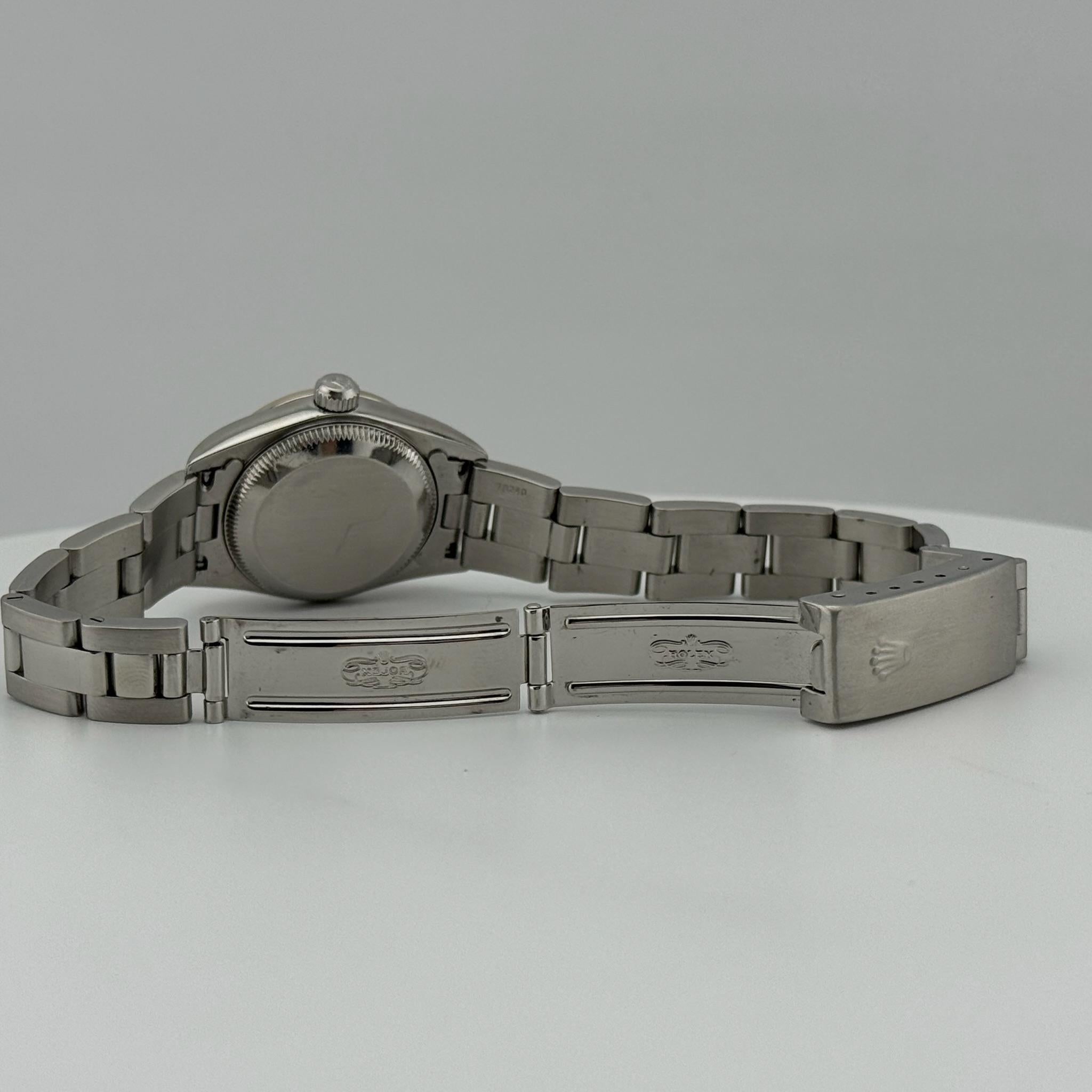 Rolex Oyster Perpetual 76080 24mm Blau Zifferblatt Diamant Lünette Stahl Box Papiere im Angebot 1