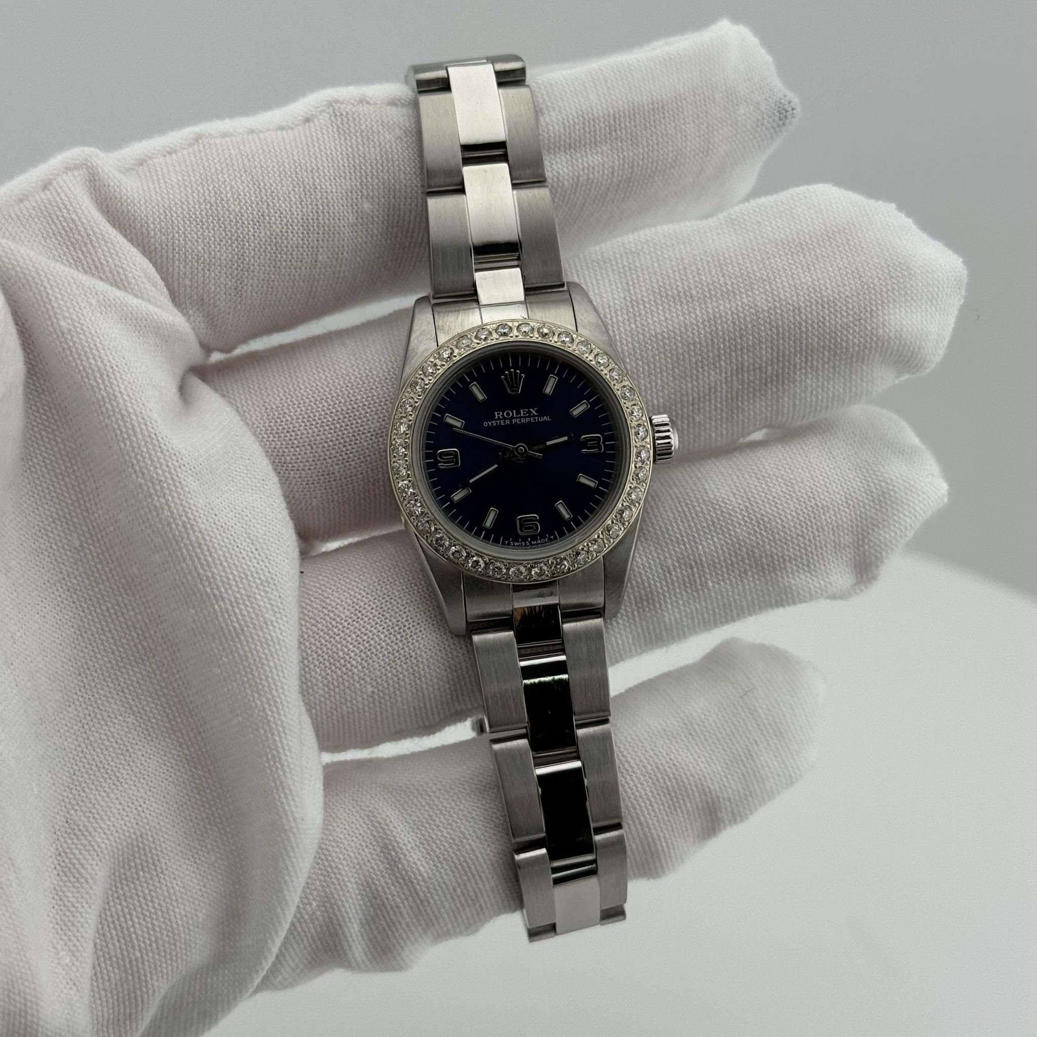Rolex Oyster Perpetual 76080 24mm Blau Zifferblatt Diamant Lünette Stahl Box Papiere im Angebot 2