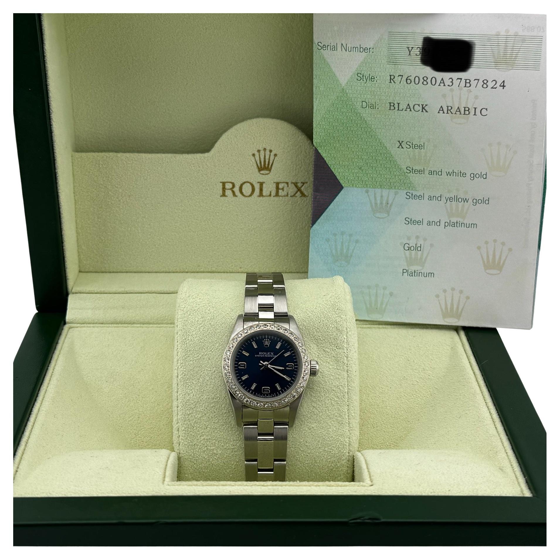 Rolex Oyster Perpetual 76080 24mm Blau Zifferblatt Diamant Lünette Stahl Box Papiere im Angebot