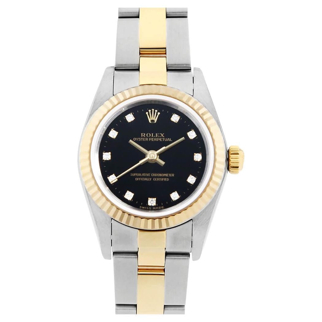 Rolex Oyster Perpetual 76193G Ladies Watch, 11P Diamond, Black Dial, K Series
