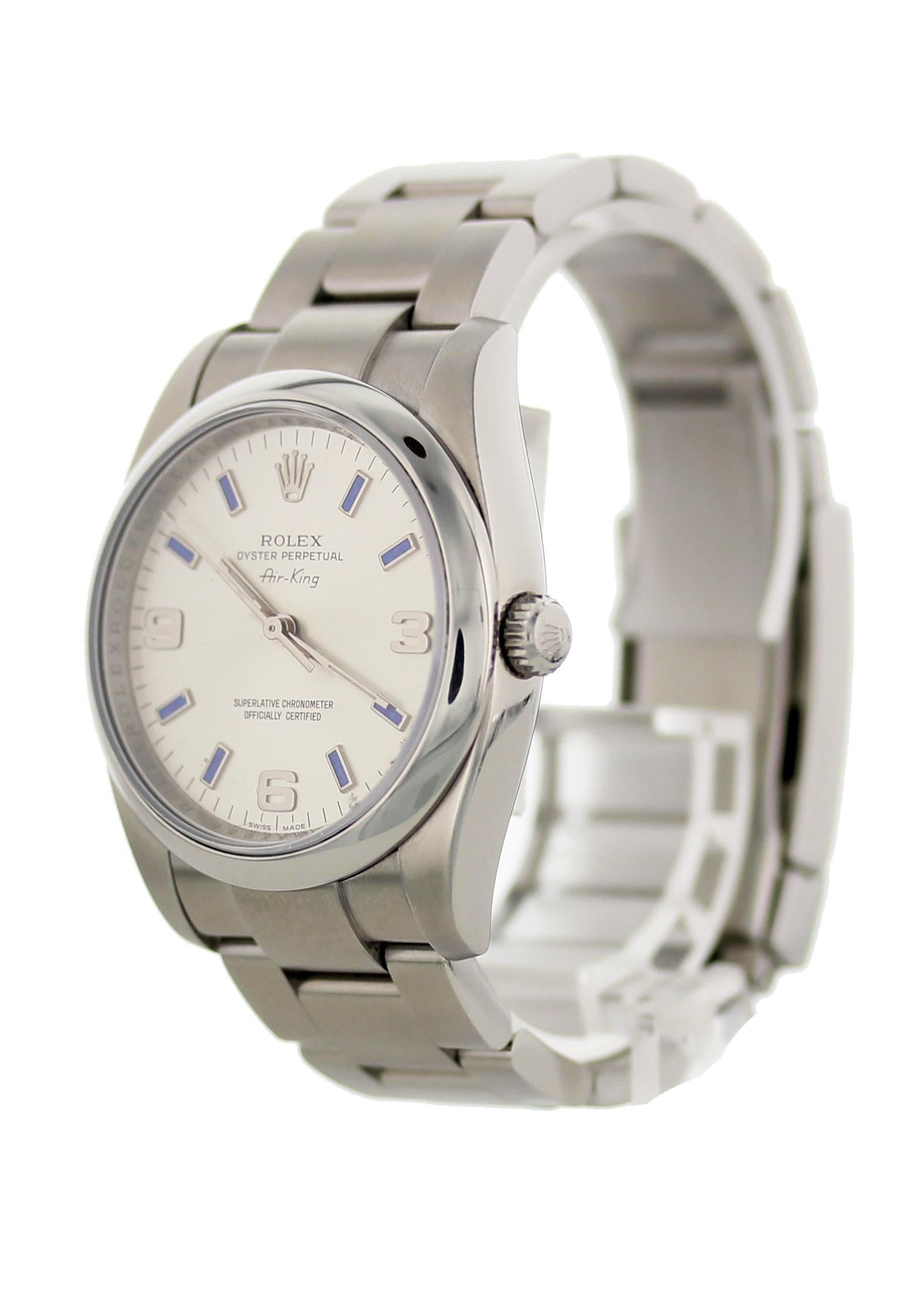 Rolex Oyster Perpetual Air King Precision 114200.  Stainless steel 34 mm case. Smooth stainless steel bezel. Blue dial with white hours markers and silver luminous hands. Stainless steel oyster band with a fold over clasp that will fit up to a 6.5
