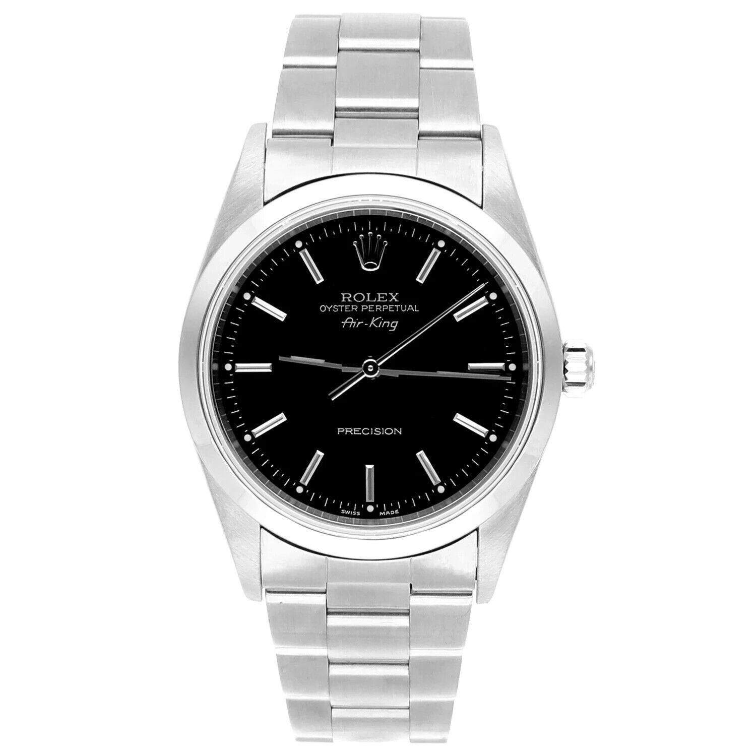 Rolex Air King 34mm Edelstahl Uhr Schwarzes Zifferblatt Glatte Lünette Unisex Uhr 14000, CIRCA 2000. Diese Uhr wurde professionell poliert und gewartet und befindet sich in einem ausgezeichneten Gesamtzustand. Es gibt absolut keine sichtbaren