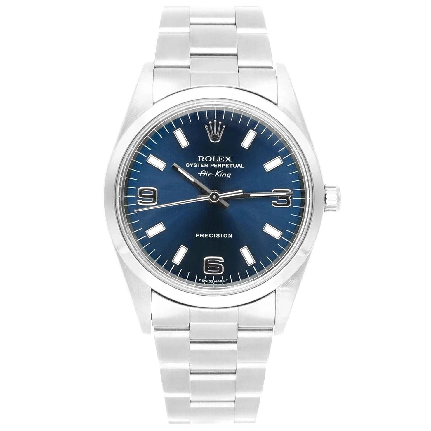 Rolex Air King 34mm Stainless Steel Watch Blue Dial Smooth Bezel Unisex Watch 14000, Circa 1998. This watch has been professionally polished, serviced and is in excellent overall condition. There are absolutely no visible scratches or blemishes.