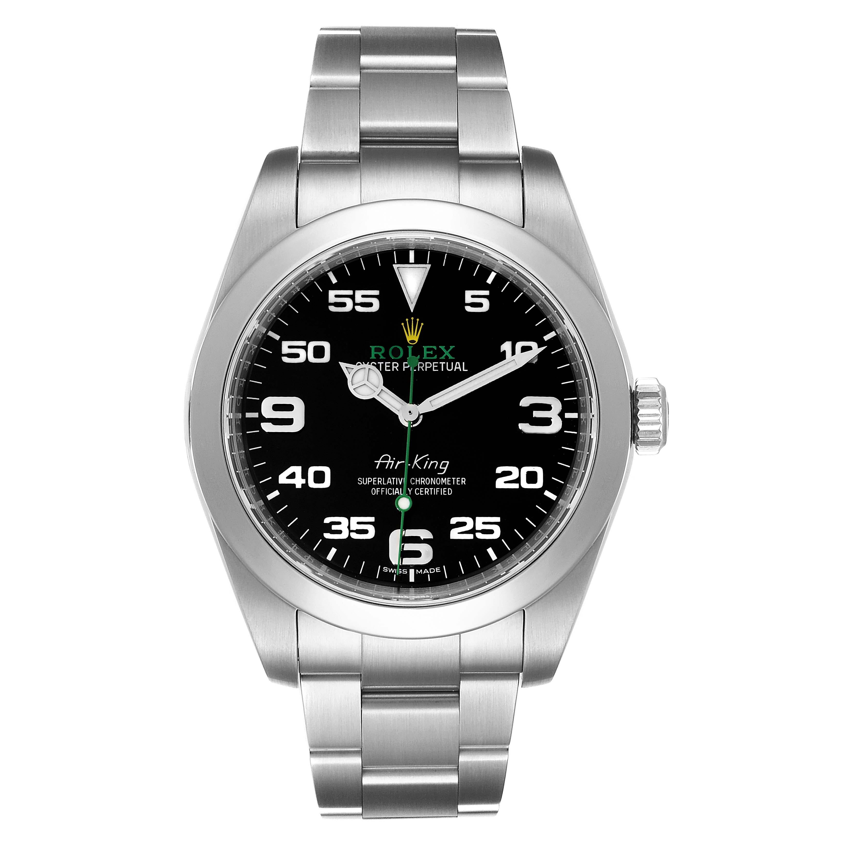 Rolex Oyster Perpetual Air King 40mm Green Hand Steel Mens Watch 116900. Officially certified chronometer self-winding movement. Stainless steel case 40.0 mm in diameter. Rolex logo on a crown. Stainless steel smooth domed bezel. Scratch resistant
