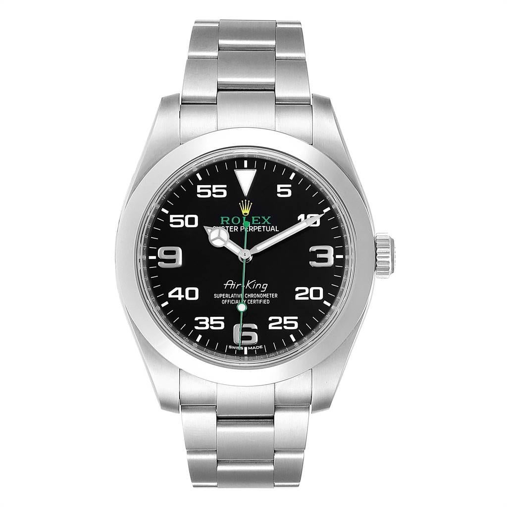 Rolex Oyster Perpetual Air King 40mm Green Hand Steel Mens Watch 116900. Officially certified chronometer self-winding movement. Stainless steel case 40.0 mm in diameter. Rolex logo on a crown. Stainless steel smooth domed bezel. Scratch resistant