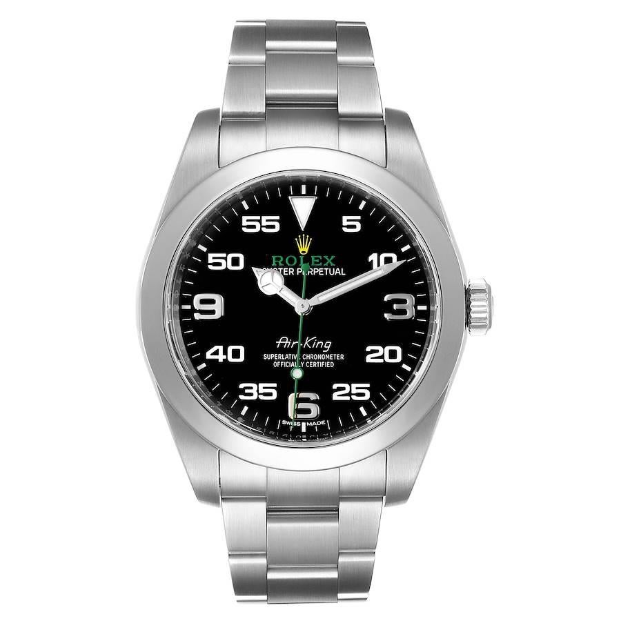 Rolex Oyster Perpetual Air King Black Dial Steel Watch 116900 Box. Officially certified chronometer self-winding movement. Stainless steel case 40.0 mm in diameter. Rolex logo on a crown. Stainless steel smooth domed bezel. Scratch resistant