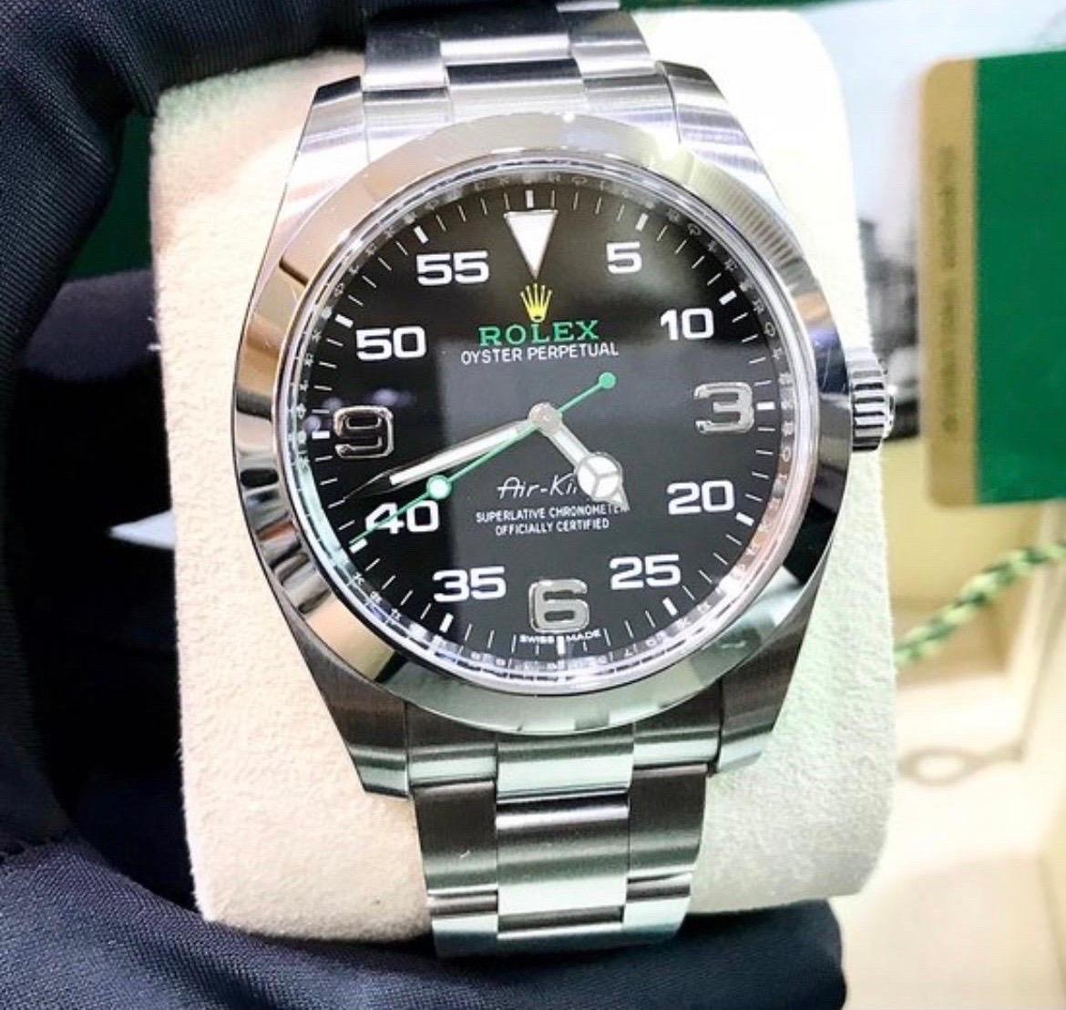 Rolex Oyster Perpetual Air King Black Dial Steel Mens Watch 116900 Box Card. Officially certified chronometer self-winding movement. Stainless steel case 40.0 mm in diameter. Rolex logo on a crown. Stainless steel smooth domed bezel. Scratch
