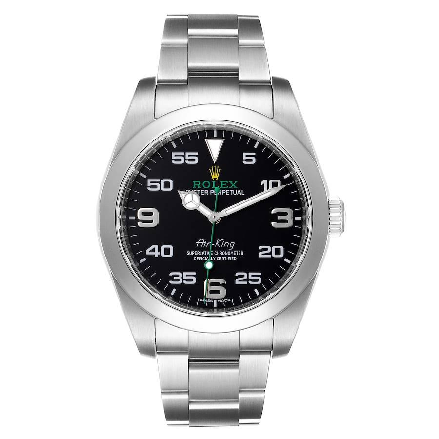Rolex Oyster Perpetual Air King Grüne Stahl-Herrenuhr 116900 Box Card. offiziell zertifiziertes Chronometer-Automatikwerk mit Selbstaufzug. Gehäuse aus Edelstahl mit einem Durchmesser von 40,0 mm. Rolex-Logo auf einer Krone. Die glatte, gewölbte