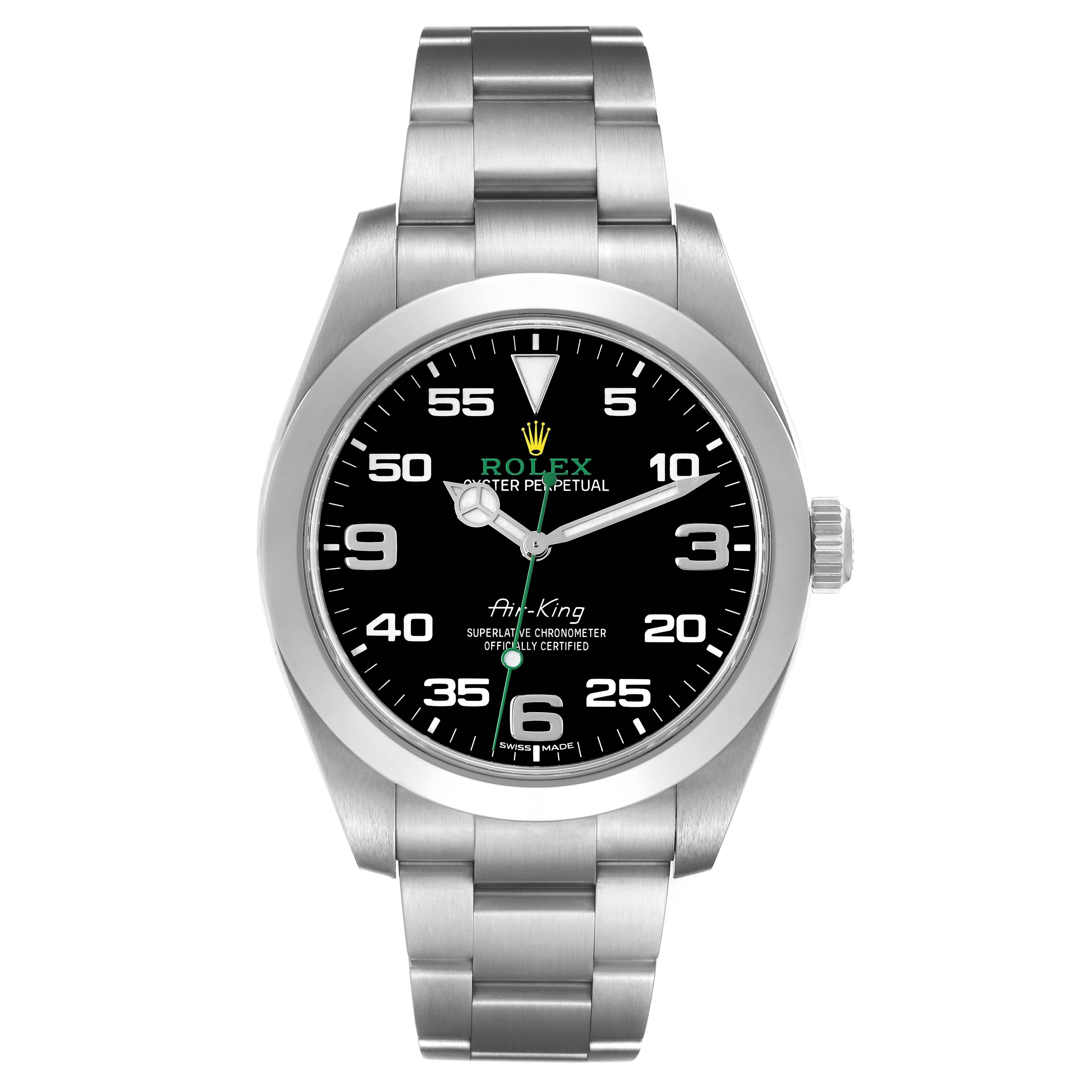 Rolex Oyster Perpetual Air King Green Hand Steel Mens Watch 116900 Box Card. Officially certified chronometer automatic self-winding movement. Stainless steel case 40.0 mm in diameter. Rolex logo on a crown. Stainless steel smooth domed bezel.