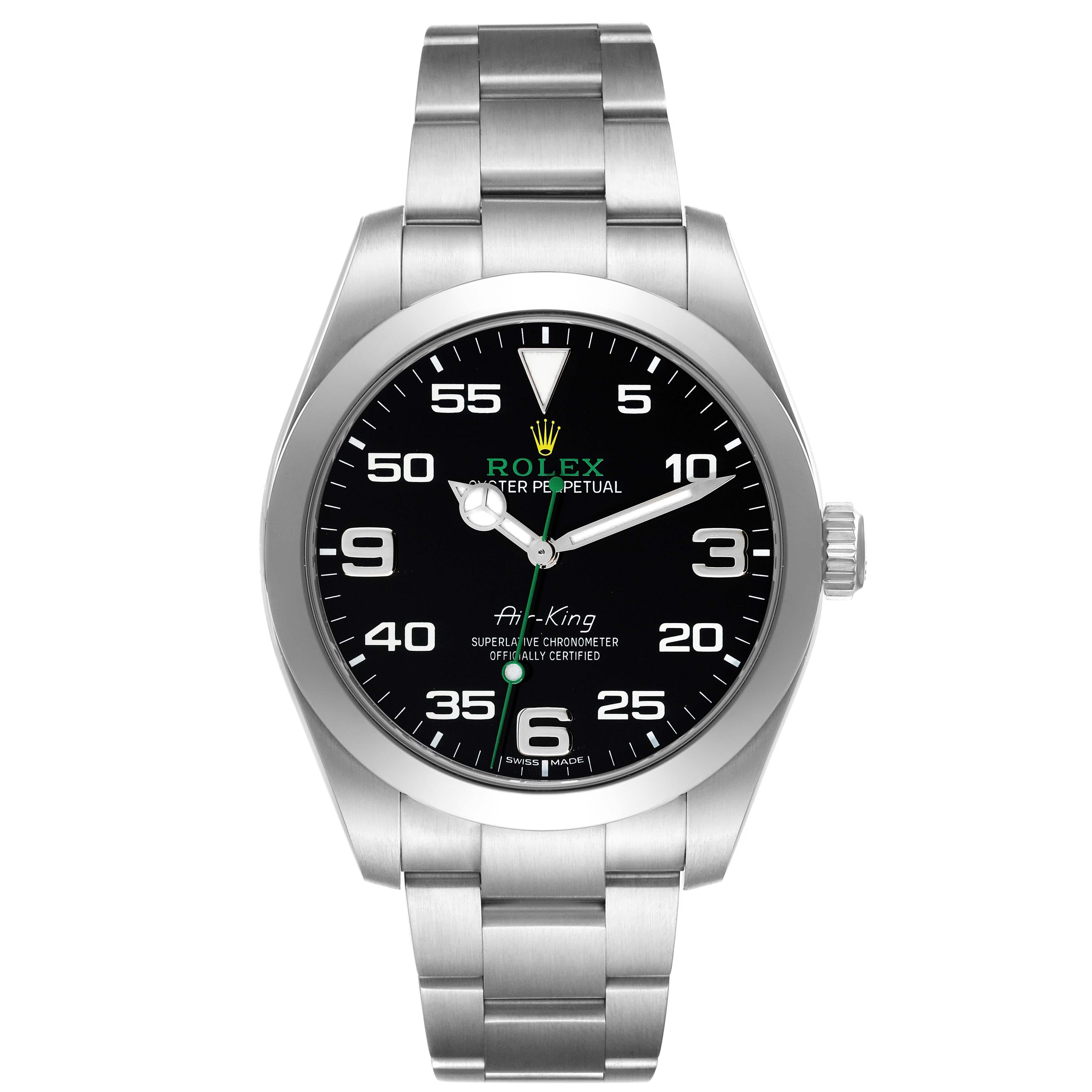 Rolex Oyster Perpetual Air King Green Hand Steel Mens Watch 116900 Box Card. Officially certified chronometer automatic self-winding movement. Stainless steel case 40.0 mm in diameter. Rolex logo on a crown. Stainless steel smooth domed bezel.