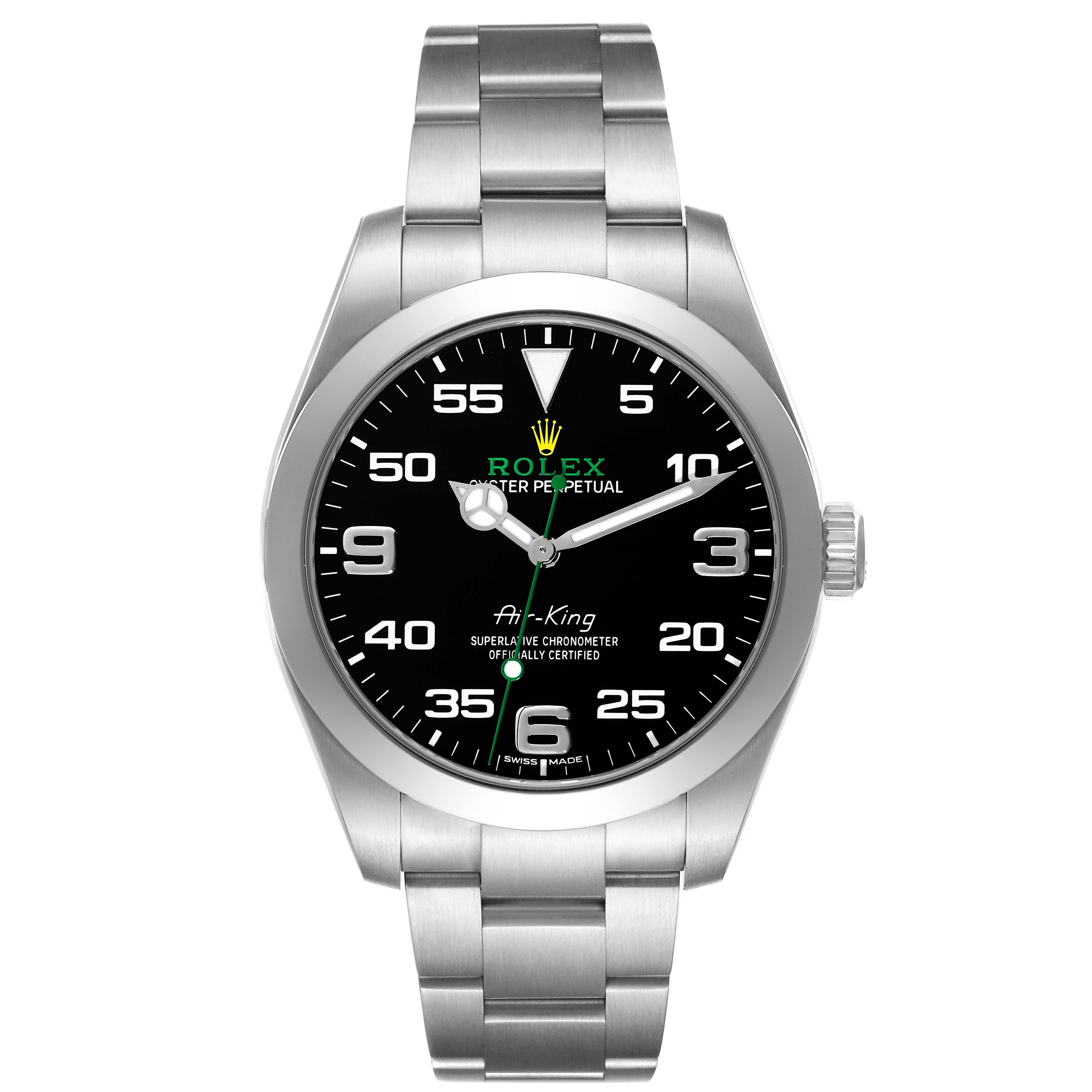 Rolex Oyster Perpetual Air King Green Hand Steel Mens Watch 116900 Box Card. Officially certified chronometer automatic self-winding movement. Stainless steel case 40.0 mm in diameter. Rolex logo on the crown. Stainless steel smooth domed bezel.