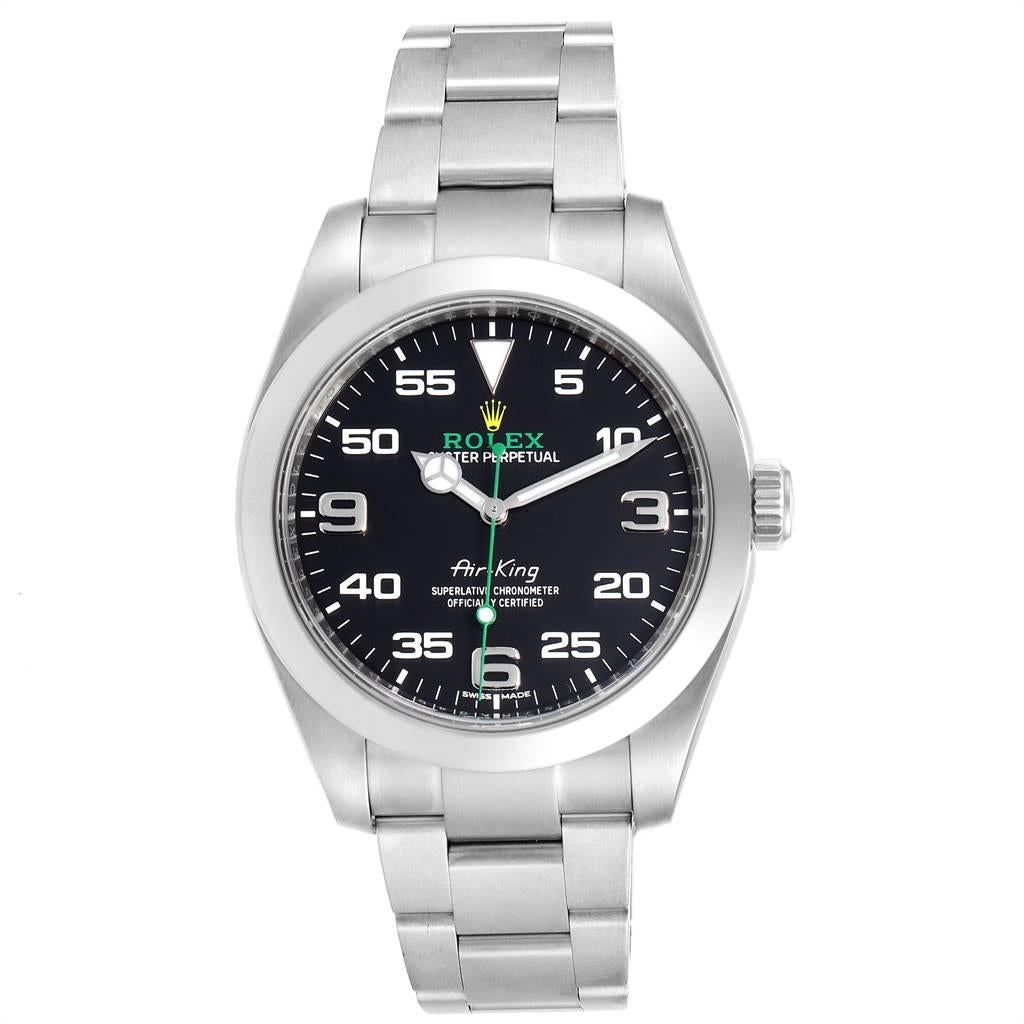 Rolex Oyster Perpetual Air King Green Hand Steel Mens Watch 116900. Officially certified chronometer self-winding movement. Stainless steel case 40.0 mm in diameter. Rolex logo on a crown. Stainless steel smooth domed bezel. Scratch resistant