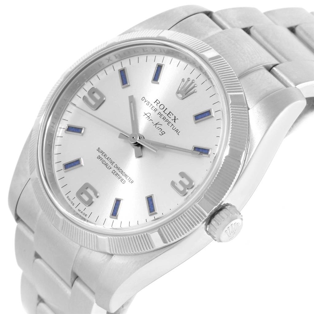 Rolex Oyster Perpetual Air King Silver Dial Blue Markers Watch 114210. Officially certified chronometer self-winding movement. Stainless steel case 34.0 mm in diameter. Rolex logo on a crown. Stainless steel fine engine turned bezel. Scratch