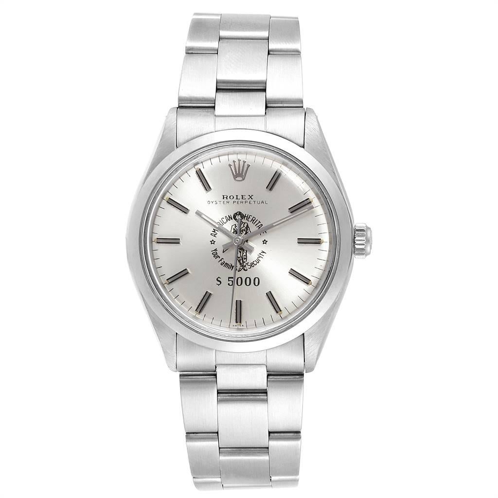 Rolex Oyster Perpetual American Heritage Logo Vintage Mens Watch 1002. Officially certified chronometer self-winding movement. Stainless steel oyster case 34.0 mm in diameter.Rolex logo on a crown. Stainless steel smooth bezel. Acrylic crystal.