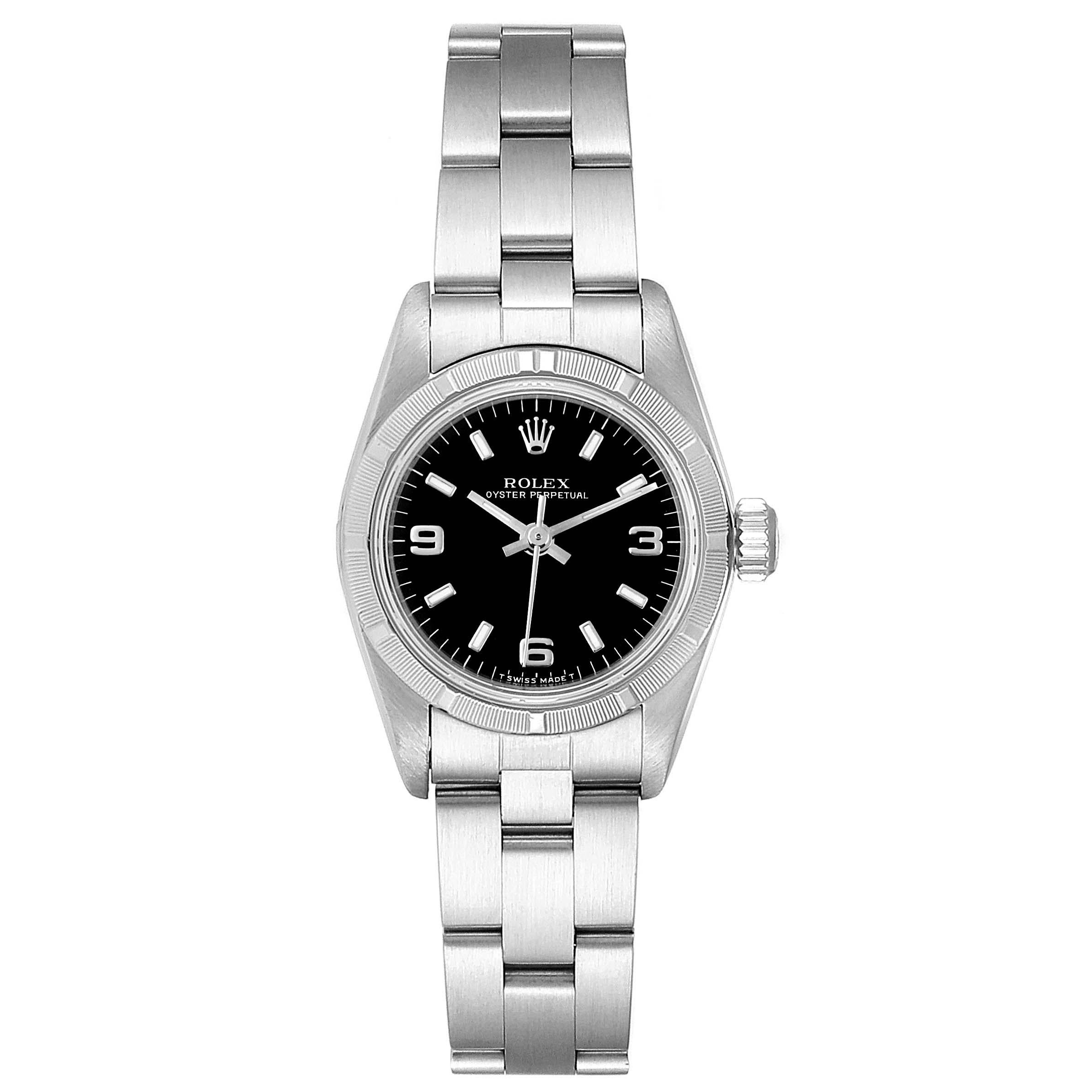 Rolex Oyster Perpetual Black Dial Oyster Bracelet Ladies Watch 67230. Officially certified chronometer self-winding movement. Stainless steel oyster case 24.0 mm in diameter. Rolex logo on a crown. Stainless steel engine turned bezel. Scratch