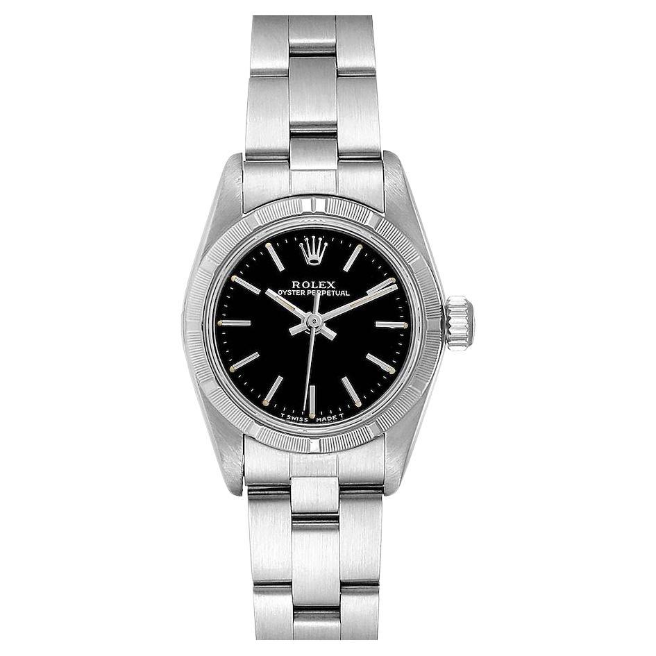 Rolex Oyster Perpetual Schwarzes Zifferblatt Austern-Armband Damenuhr 67230 im Angebot