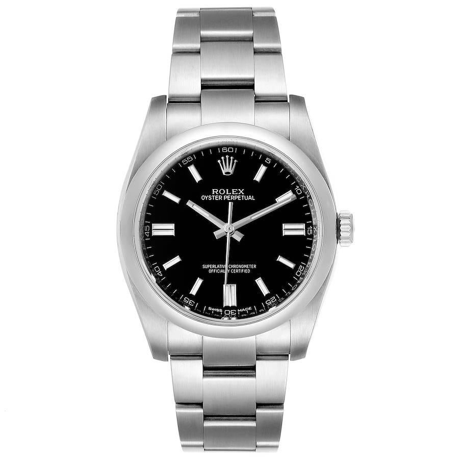 Rolex Oyster Perpetual Black Dial Steel Mens Watch 116000 Unworn. Officially certified chronometer self-winding movement. Stainless steel case 36.0 mm in diameter. Rolex logo on a crown. Stainless steel smooth domed bezel. Scratch resistant sapphire