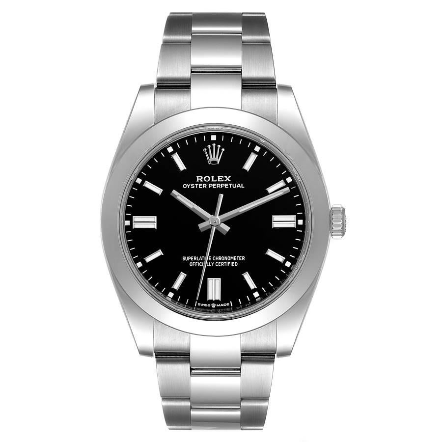 Rolex Oyster Perpetual Black Dial Steel Mens Watch 126000 Unworn. Officially certified chronometer self-winding movement. Stainless steel case 36.0 mm in diameter. Rolex logo on a crown. Stainless steel smooth domed bezel. Scratch resistant sapphire