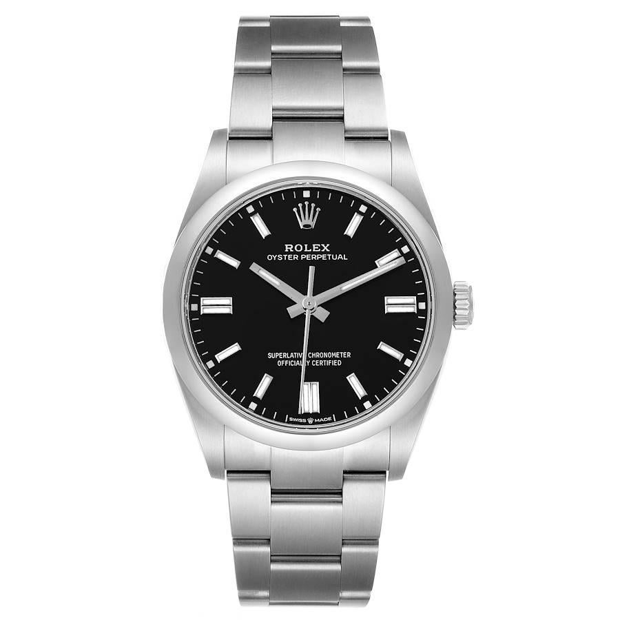 Rolex Oyster Perpetual Black Dial Steel Mens Watch 126000 Unworn. Officially certified chronometer self-winding movement. Stainless steel case 36.0 mm in diameter. Rolex logo on a crown. Stainless steel smooth domed bezel. Scratch resistant sapphire