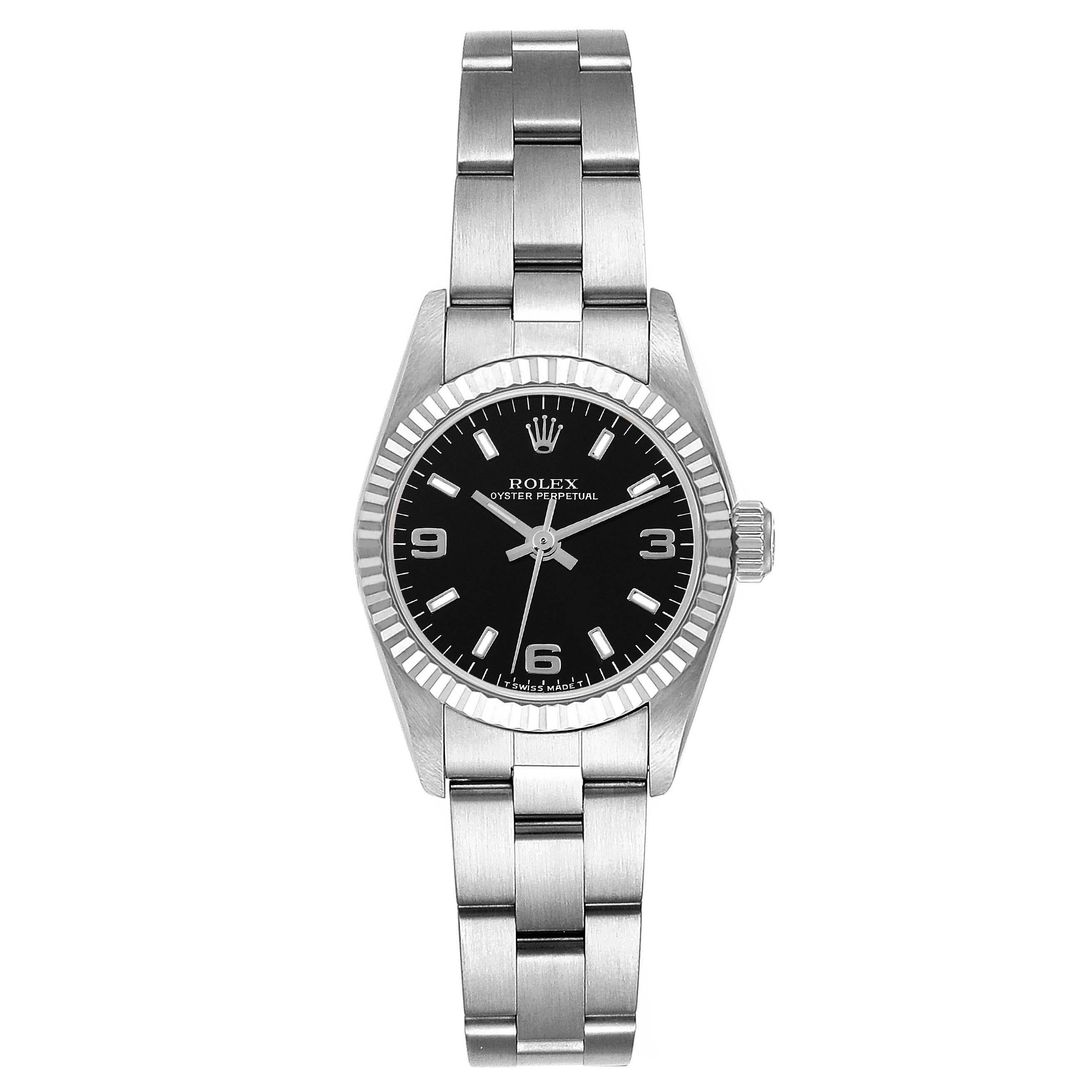 Rolex Oyster Perpetual Black Dial Steel White Gold Ladies Watch 67194 In Excellent Condition In Atlanta, GA