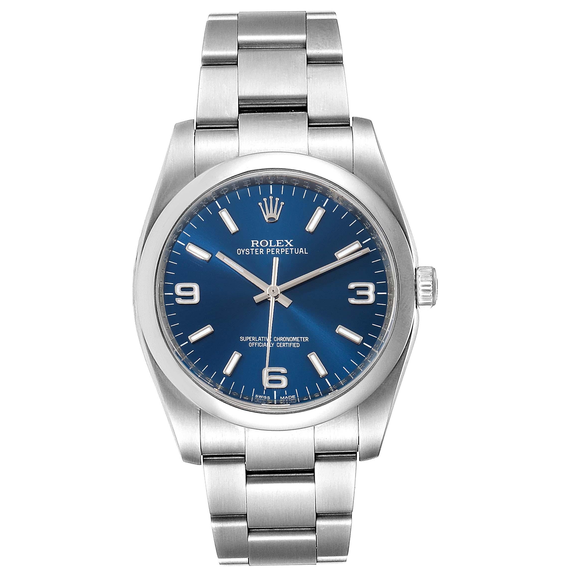 Rolex Oyster Perpetual Blue Dial Oyster Bracelet Mens Watch 116000. Officially certified chronometer self-winding movement. Stainless steel case 36.0 mm in diameter. Rolex logo on a crown. Stainless steel smooth domed bezel. Scratch resistant