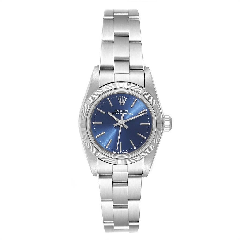 Rolex Oyster Perpetual Blue Dial Oyster Bracelet Steel Ladies Watch 76030. Officially certified chronometer self-winding movement. Stainless steel oyster case 24.0 mm in diameter. Rolex logo on a crown. Stainless steel engine turned bezel. Scratch