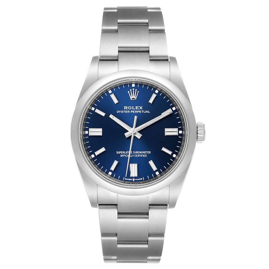 Rolex Oyster Perpetual Blue Dial Steel Mens Watch 126000 Unworn. Officially certified chronometer self-winding movement. Stainless steel case 36.0 mm in diameter. Rolex logo on a crown. Stainless steel smooth domed bezel. Scratch resistant sapphire