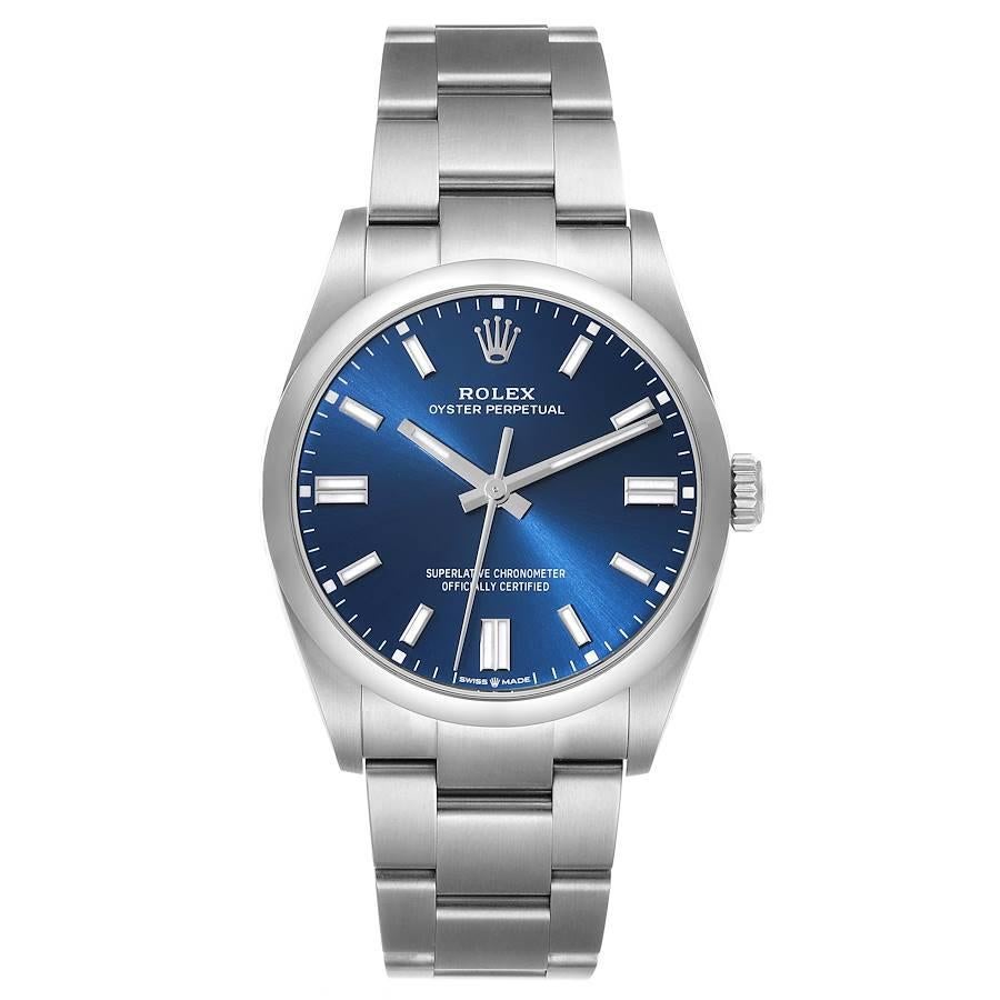 Rolex Oyster Perpetual Blue Dial Steel Mens Watch 126000 Unworn. Officially certified chronometer self-winding movement. Stainless steel case 36.0 mm in diameter. Rolex logo on a crown. Stainless steel smooth domed bezel. Scratch resistant sapphire