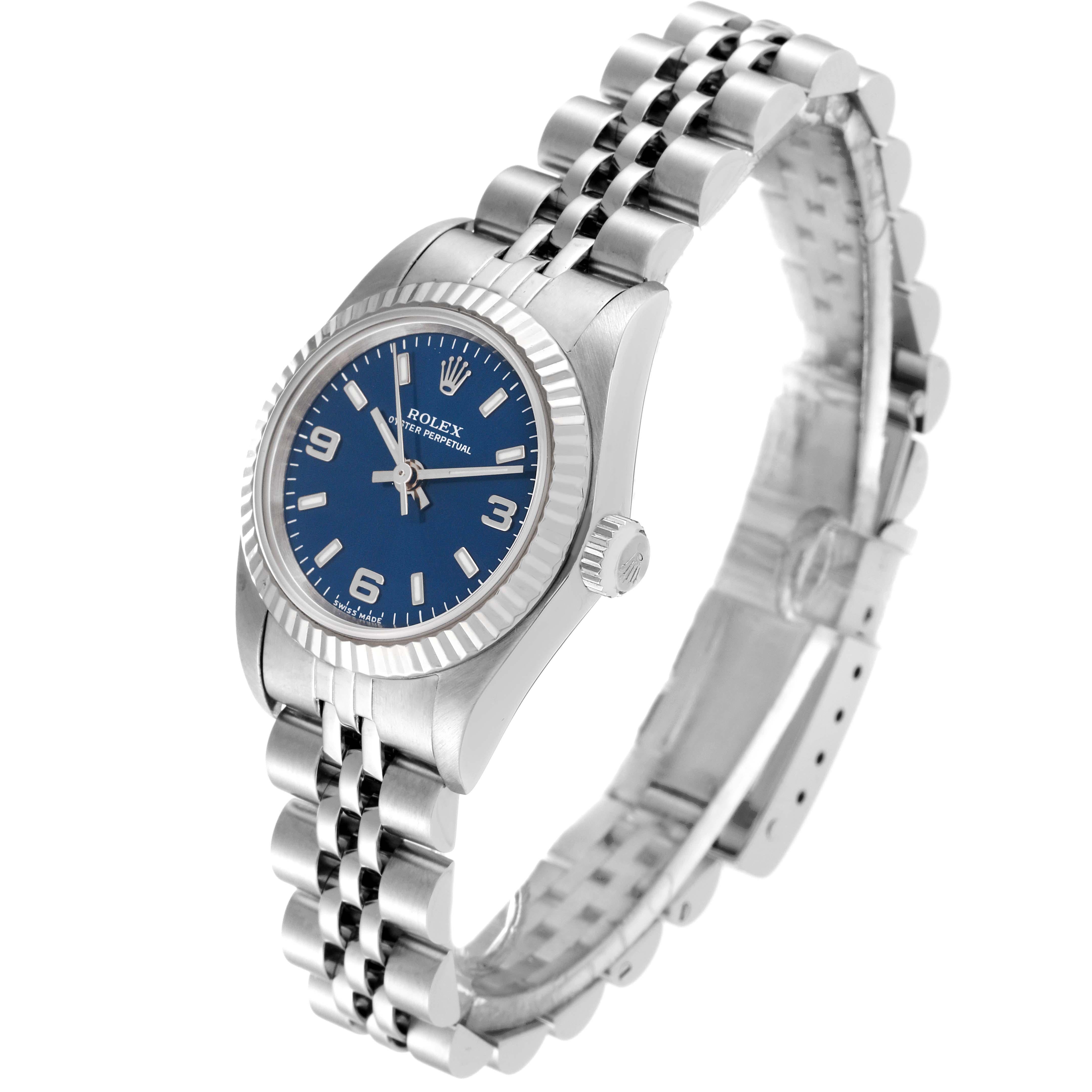 Women's Rolex Oyster Perpetual Blue Dial Steel White Gold Ladies Watch 76094