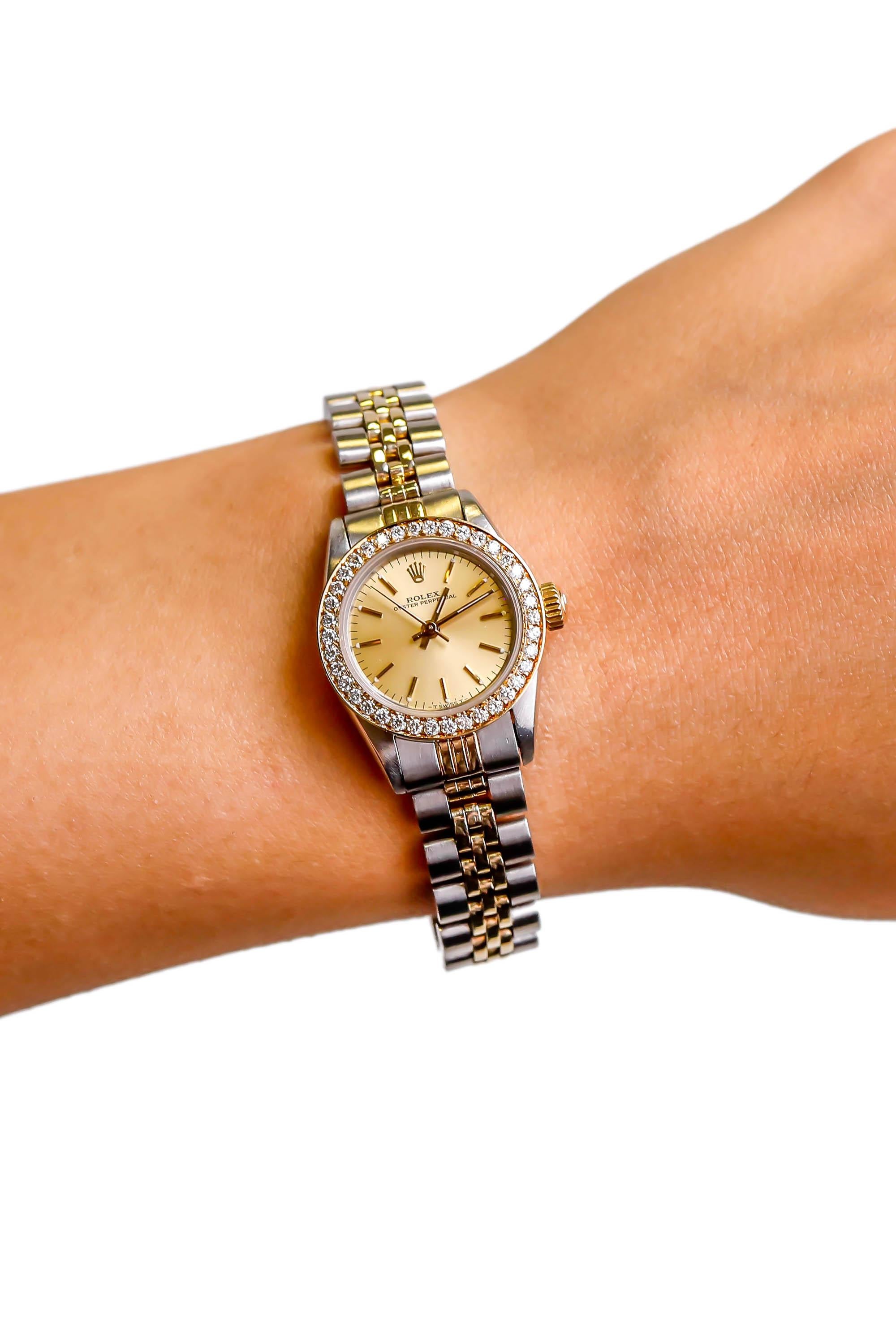 Brand: Rolex 
Movement: NA
Case Diameter:  NA
Dial: Factory Set Diamonds In 18K Yellow Gold Setting 
Case Set With Diamonds 
Bracelet: Semi-Circular Three-Piece Links 
Wrist Size: 6.75 Inches 
Condition: Excellent

Keywords: Rolex Watch, Rolex