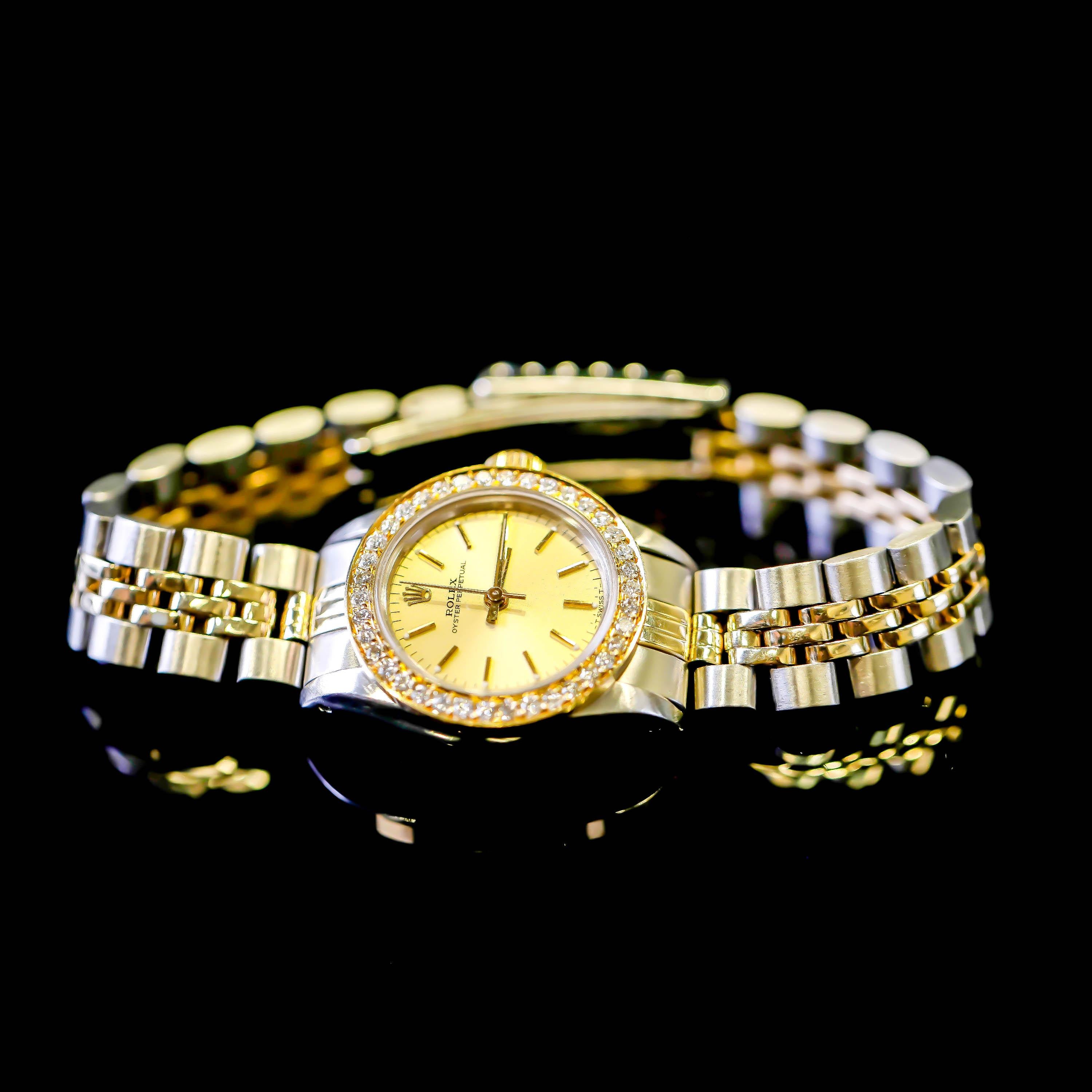 Round Cut Rolex Oyster Perpetual Champagne Color Dial Diamond Wristwatch