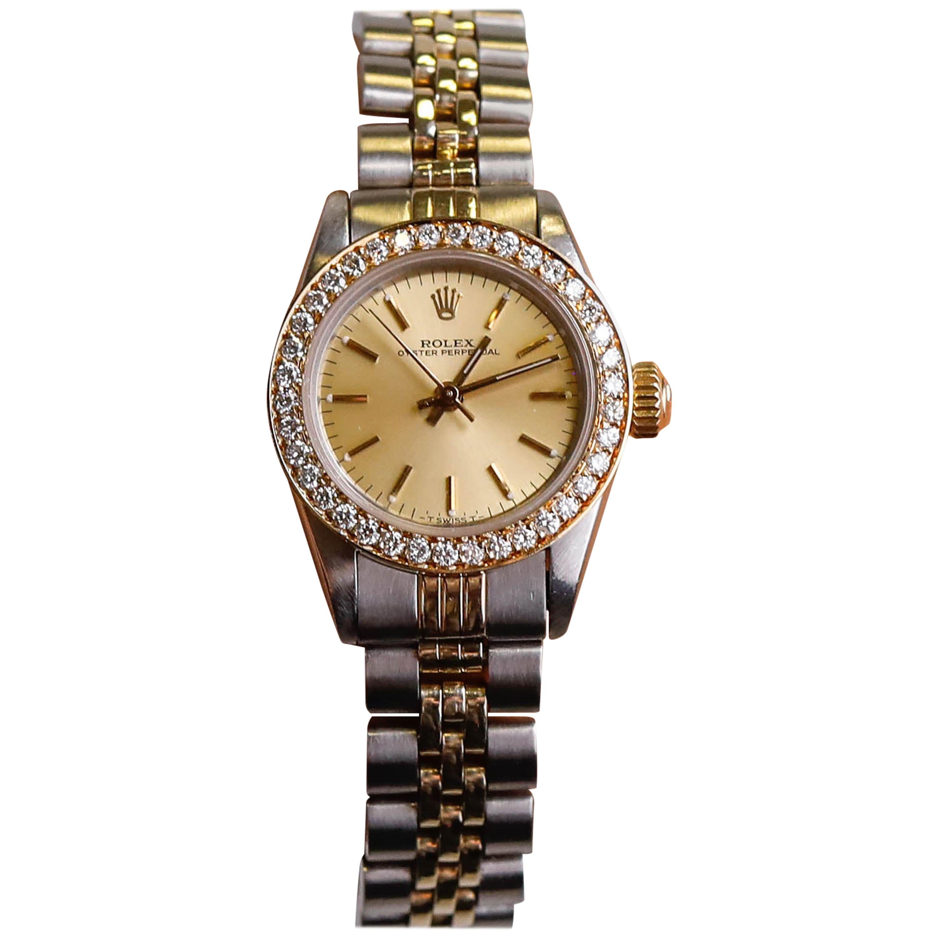 Rolex Oyster Perpetual Champagne Color Dial Diamond Wristwatch