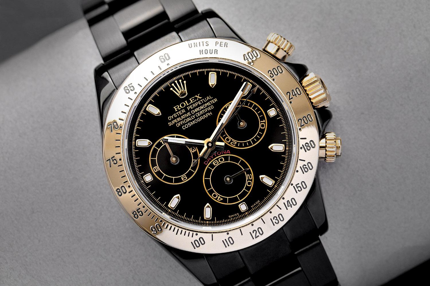 Rolex Oyster Perpetual Cosmograph Daytona Schwarz PVD/DLC beschichtet Uhr mit Gelbgold Lünette 116523

Bitte beachten Sie: Die PVD/DLC-Beschichtung wurde auf dem Nachrüstungsmarkt angepasst. Wir verwenden die hochwertigsten Beschichtungen, die ein