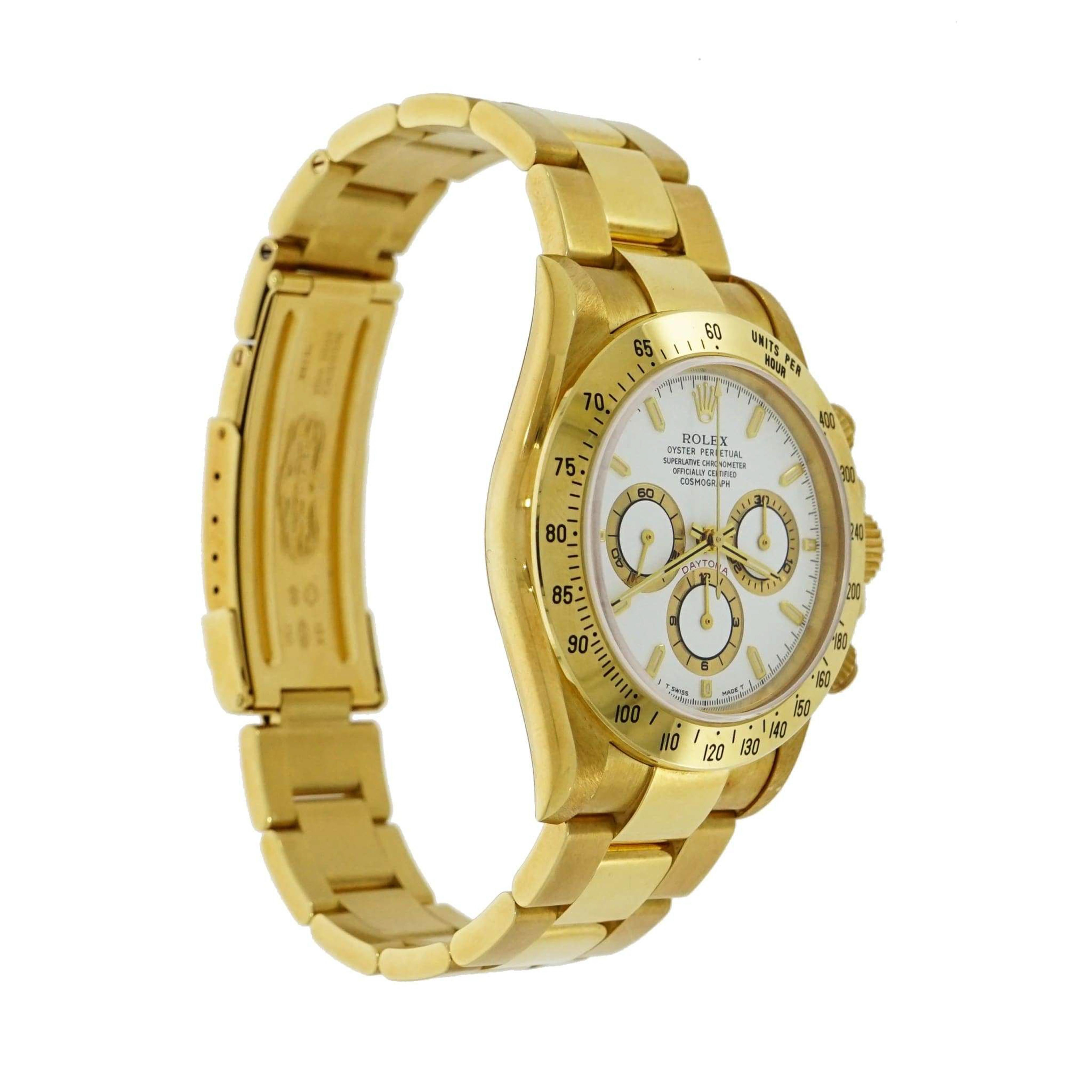 Pre-owned Rolex  Oyster Perpetual Cosmograph Daytona 116508 on 18 karat yellow gold 40 mm case, screw down case back, fixed gold bezel with an engraved tachymetric scale, scratch resistant sapphire crystal, white dial featuring three sub-dials that