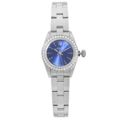 Rolex Oyster Perpetual Custom Diamond Bezel Steel Blue Dial Ladies Watch 67194