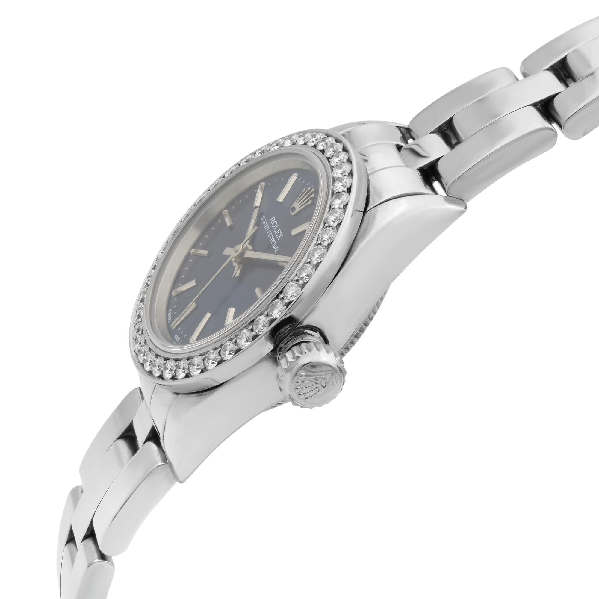Women's Rolex Oyster Perpetual Custom Diamond Bezel Steel Blue Dial Ladies Watch 67194