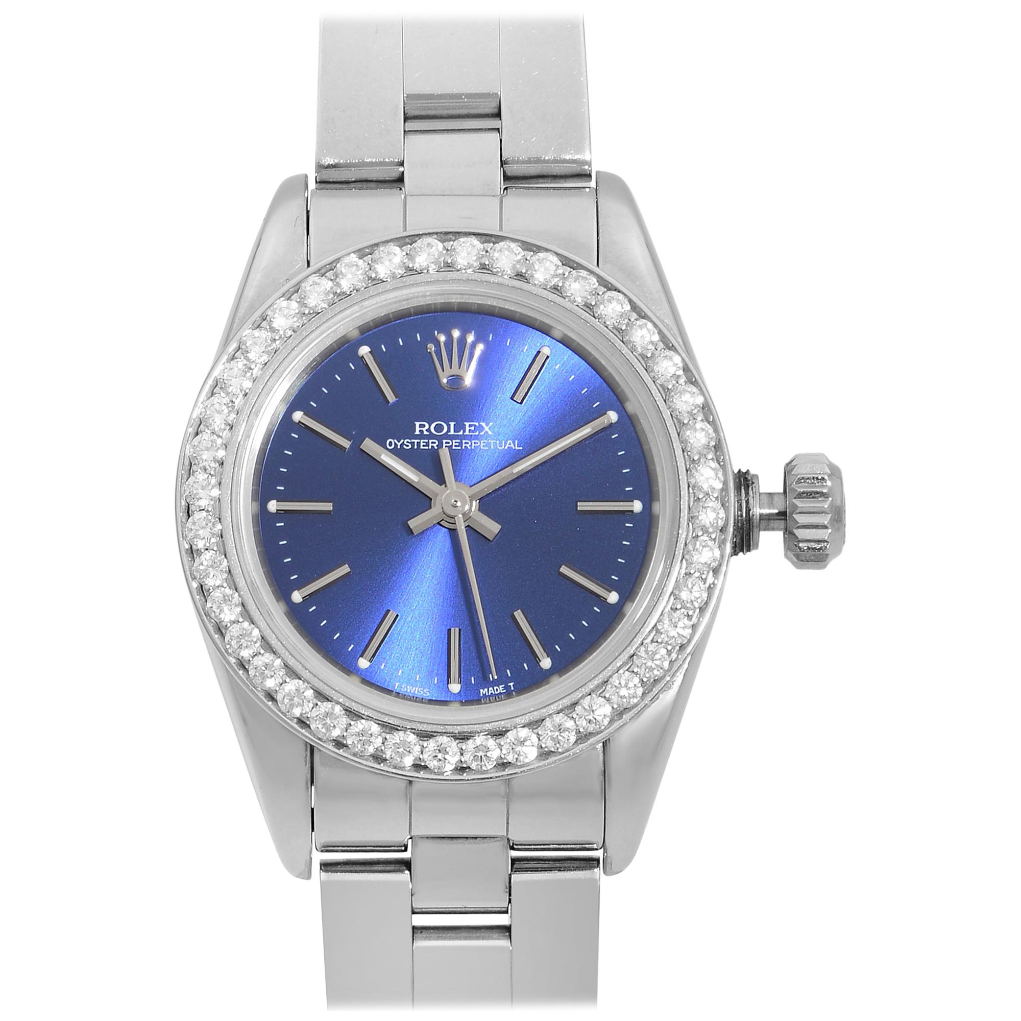 Rolex Oyster Perpetual Custom Diamond Bezel Steel Blue Dial Ladies Watch 67194