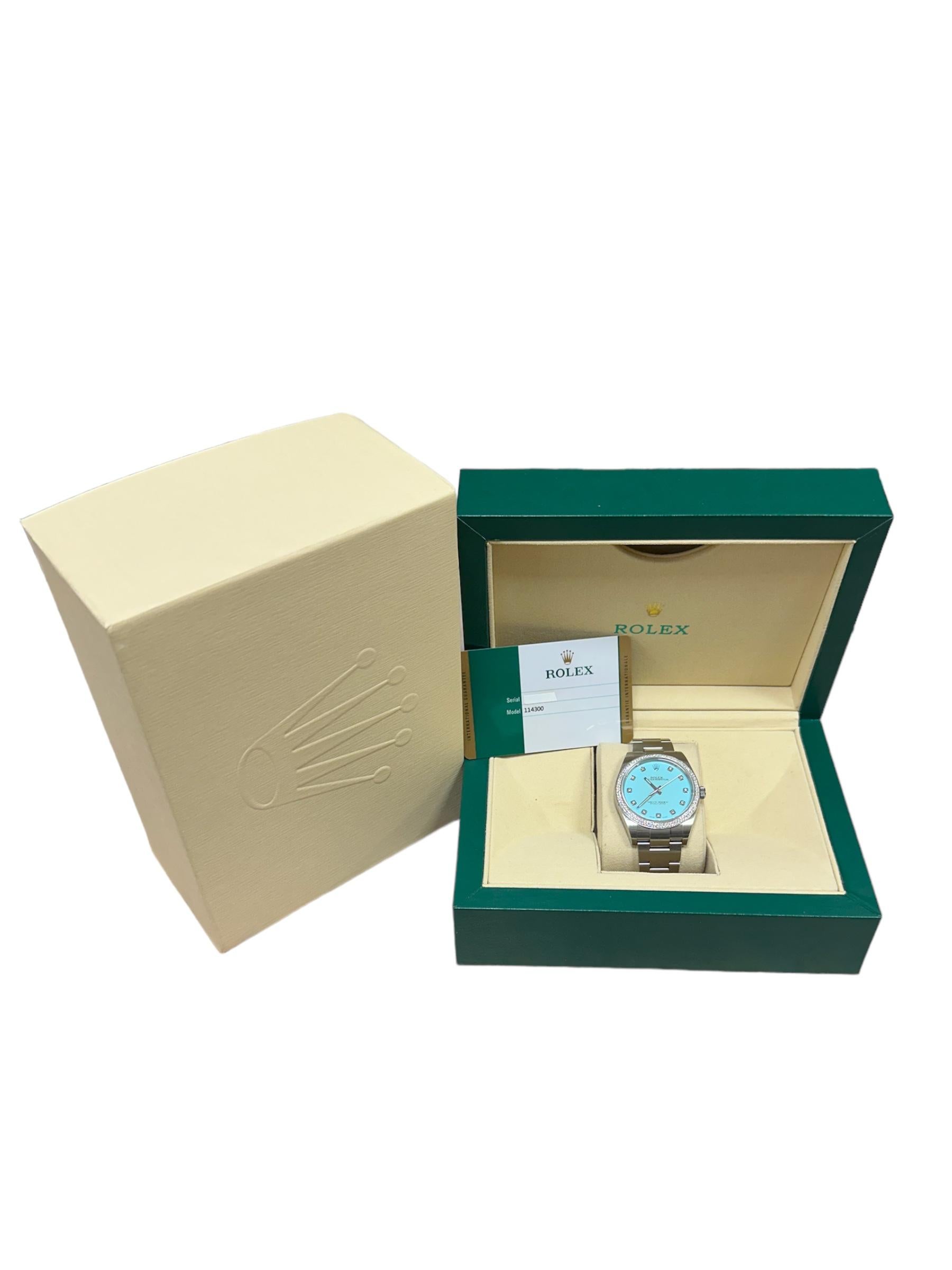 Rolex Oyster Perpetual Custom Turquoise Tiffany Dial & Diamond Watch 114300   For Sale 2