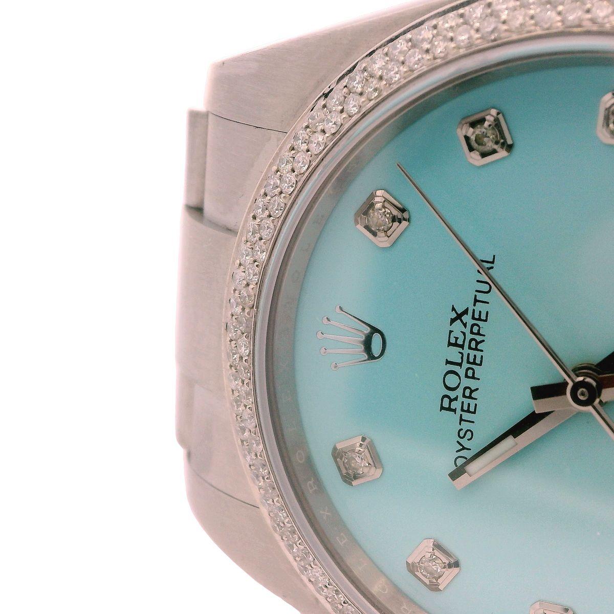 Modern Rolex Oyster Perpetual Custom Turquoise Tiffany Dial & Diamond Watch 114300   For Sale