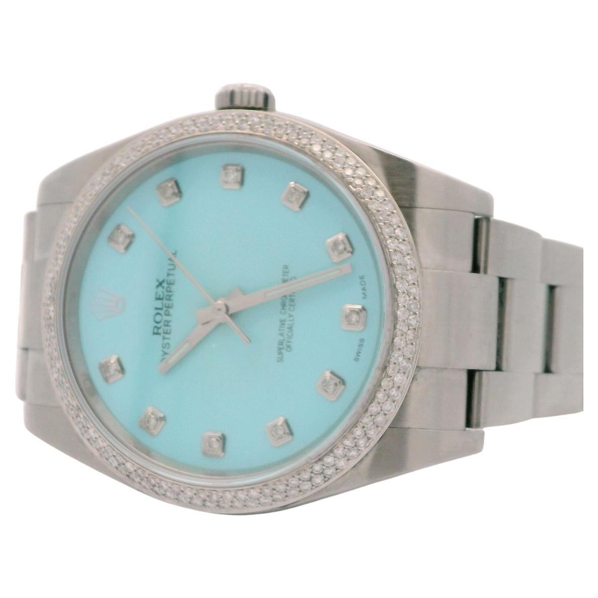 Rolex Oyster Perpetual Custom Turquoise Tiffany Dial & Diamond Watch 114300  