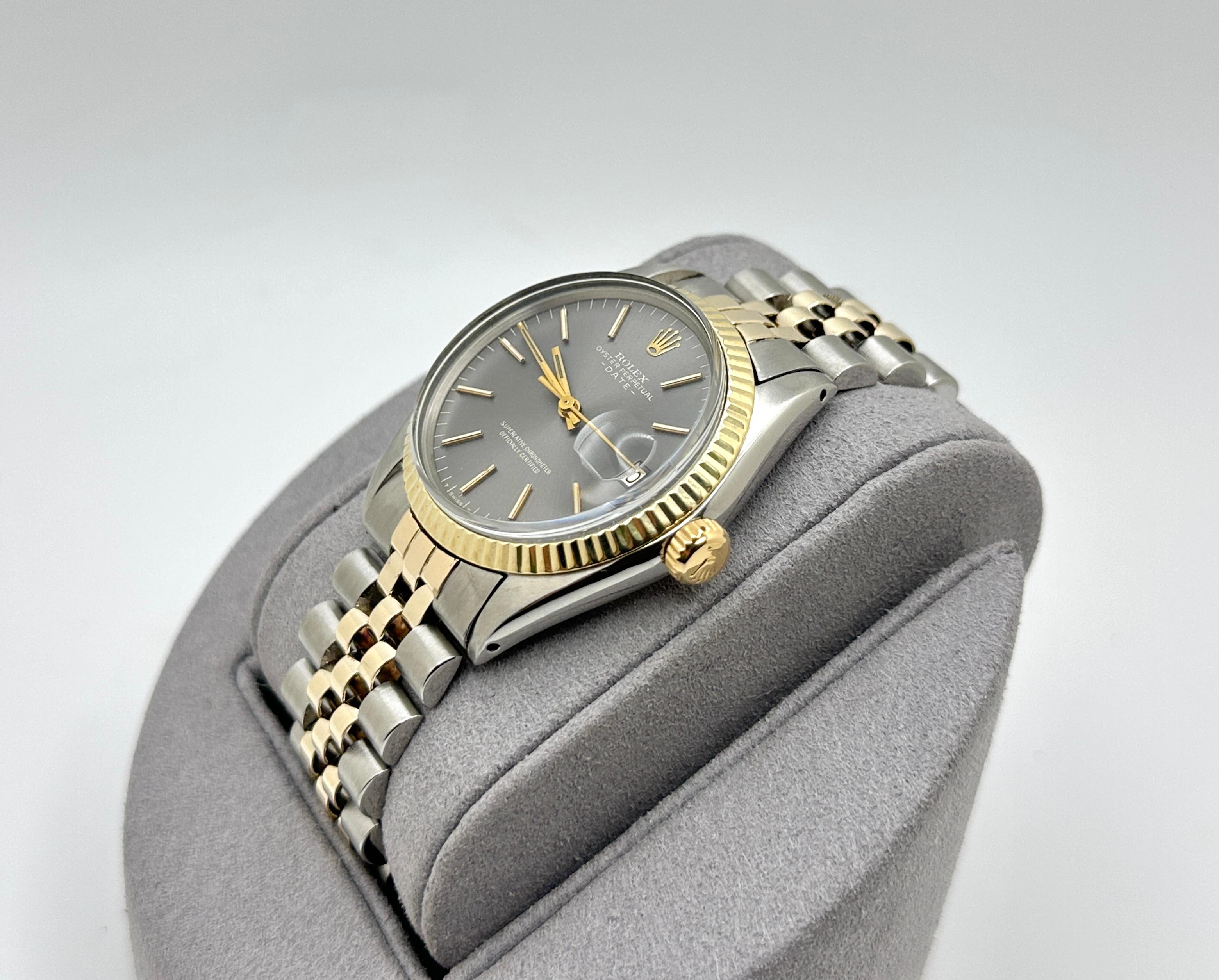 Rolex Oyster Perpetual Date 1500 34mm Cadran gris Or jaune 14K Acier inoxydable Bon état - En vente à San Diego, CA