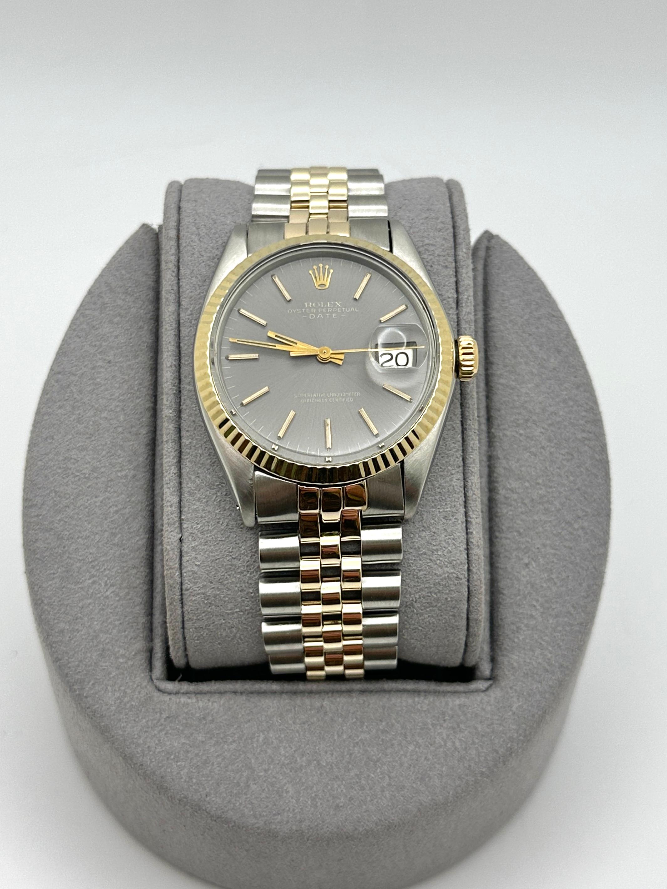 Rolex Oyster Perpetual Date 1500 34mm Cadran gris Or jaune 14K Acier inoxydable Unisexe en vente